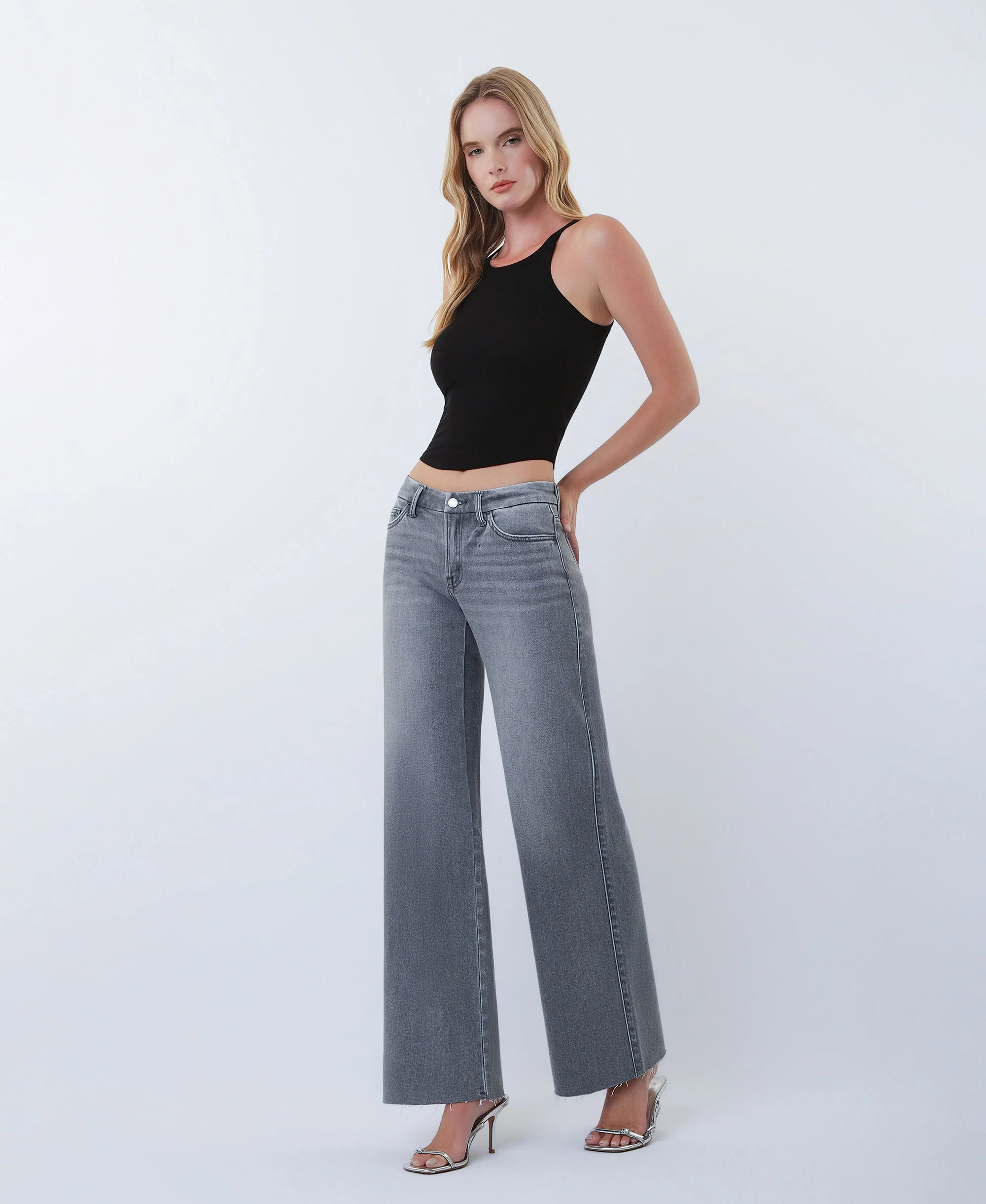 Gray - Mid Rise Clean Cut Raw Hem Wide Leg Jeans - Image 3