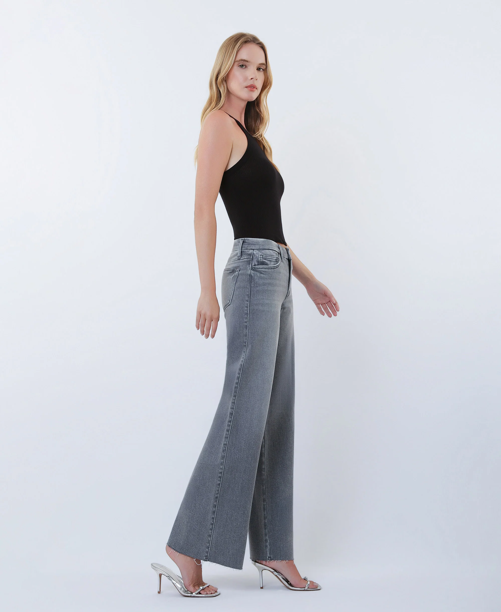Gray - Mid Rise Clean Cut Raw Hem Wide Leg Jeans - Image 4