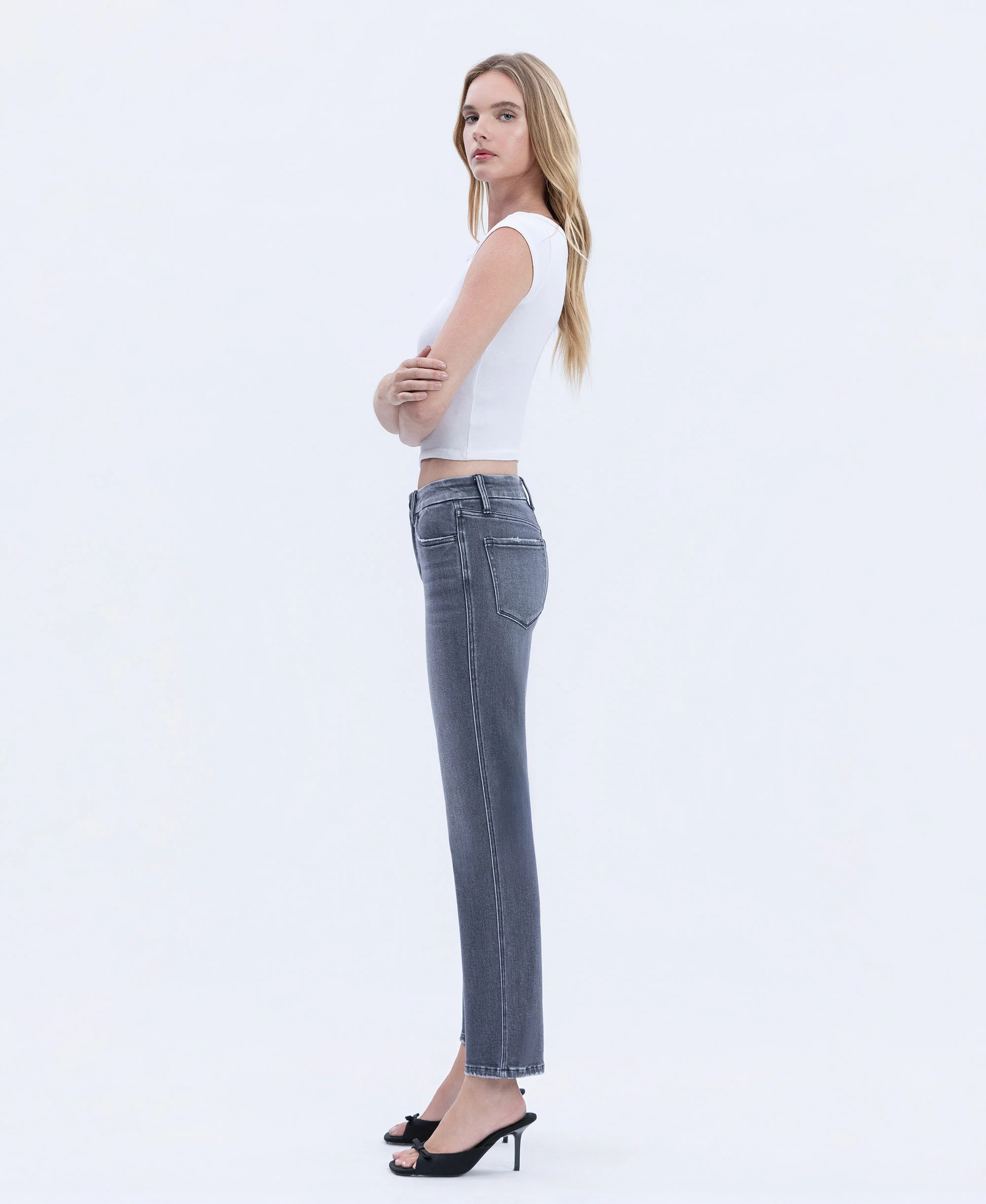 Gray - Mid Rise Seamless WB Ankle Straight Jeans - Image 3