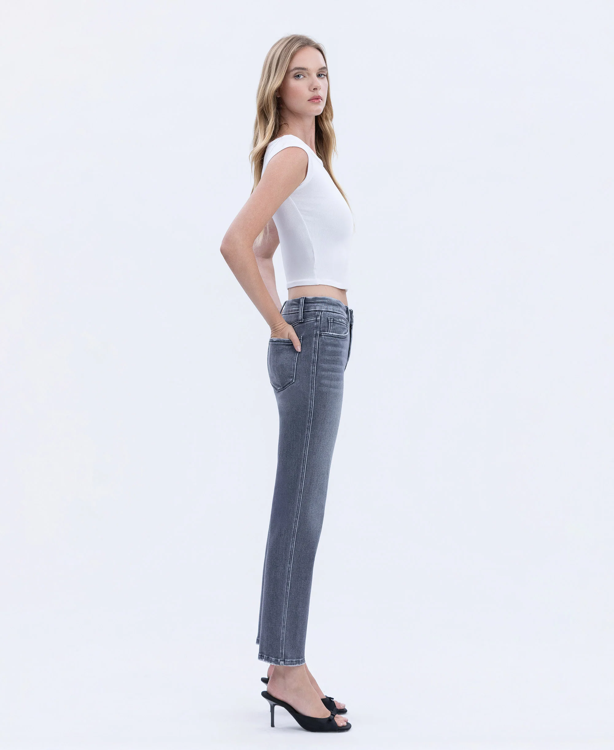 Gray - Mid Rise Seamless WB Ankle Straight Jeans - Image 4
