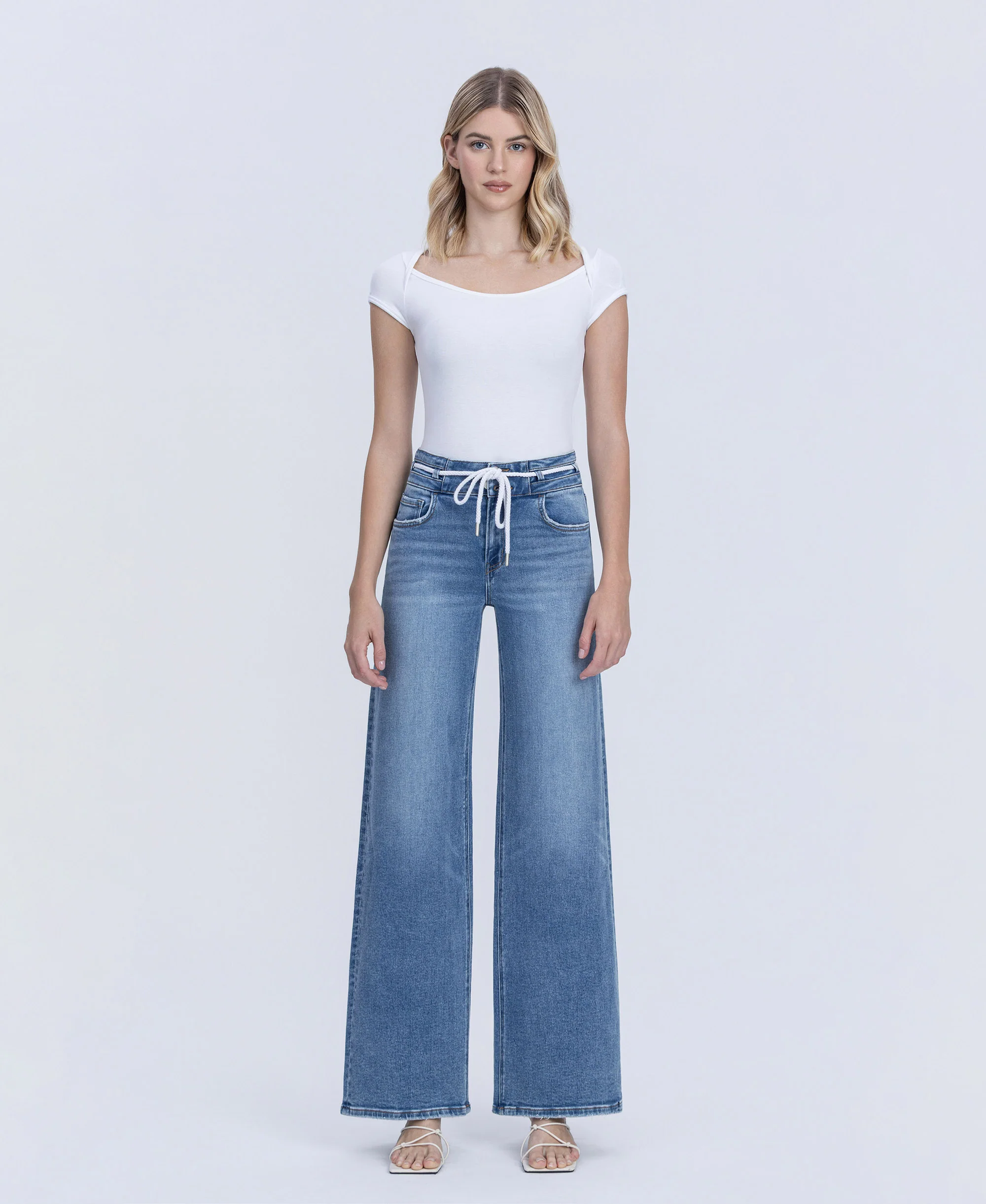 Humility - High Rise Double Buttons Drawstring Wide Leg Jeans