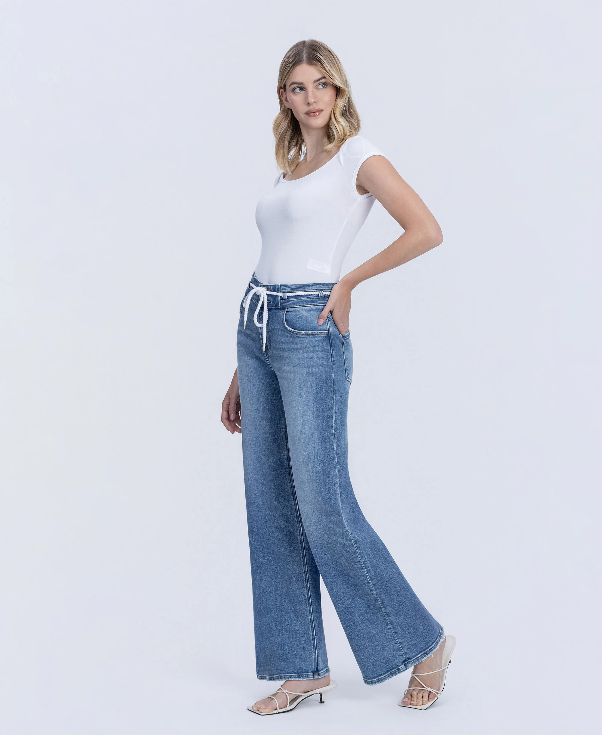 Humility - High Rise Double Buttons Drawstring Wide Leg Jeans - Image 3