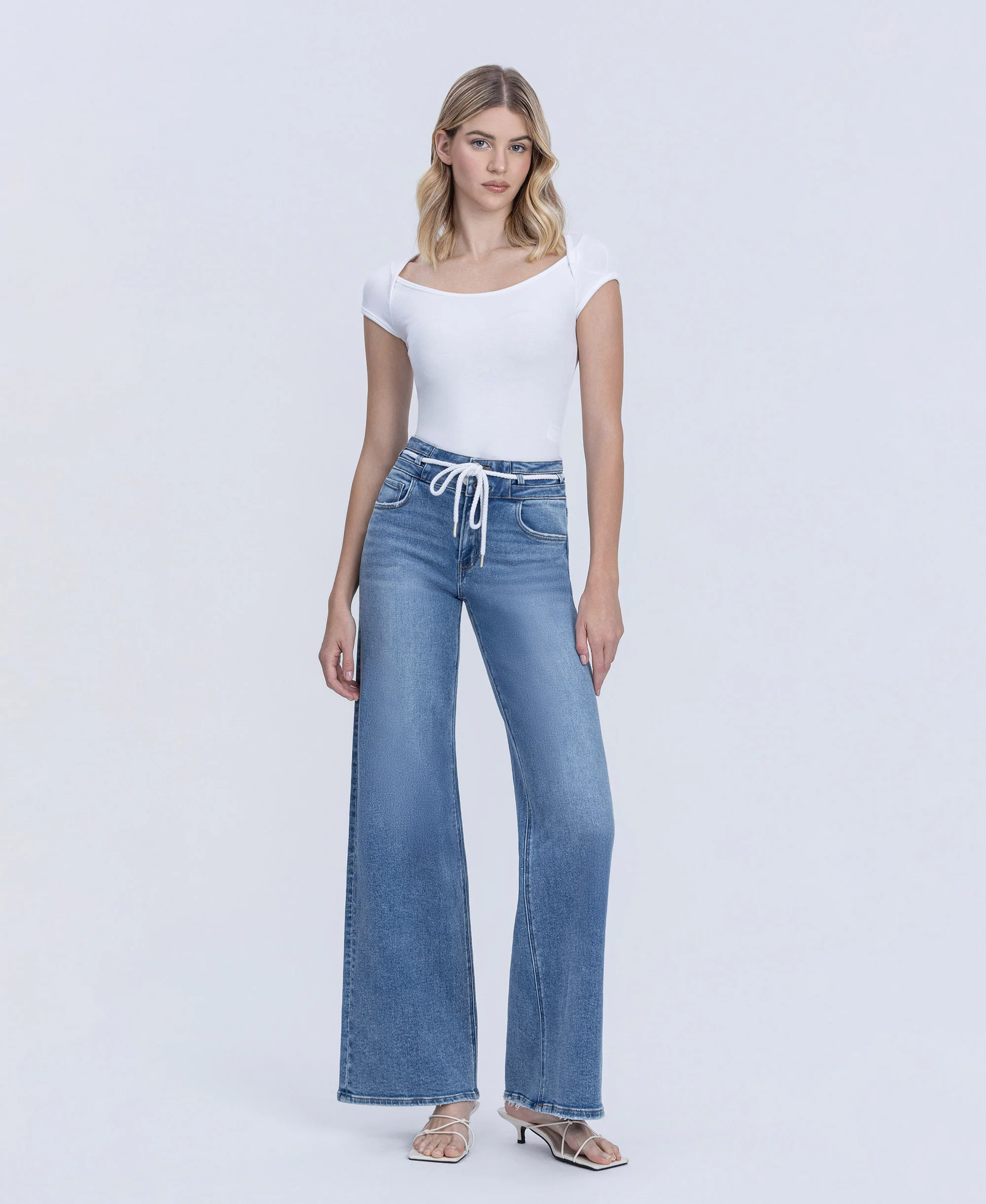 Humility - High Rise Double Buttons Drawstring Wide Leg Jeans - Image 4