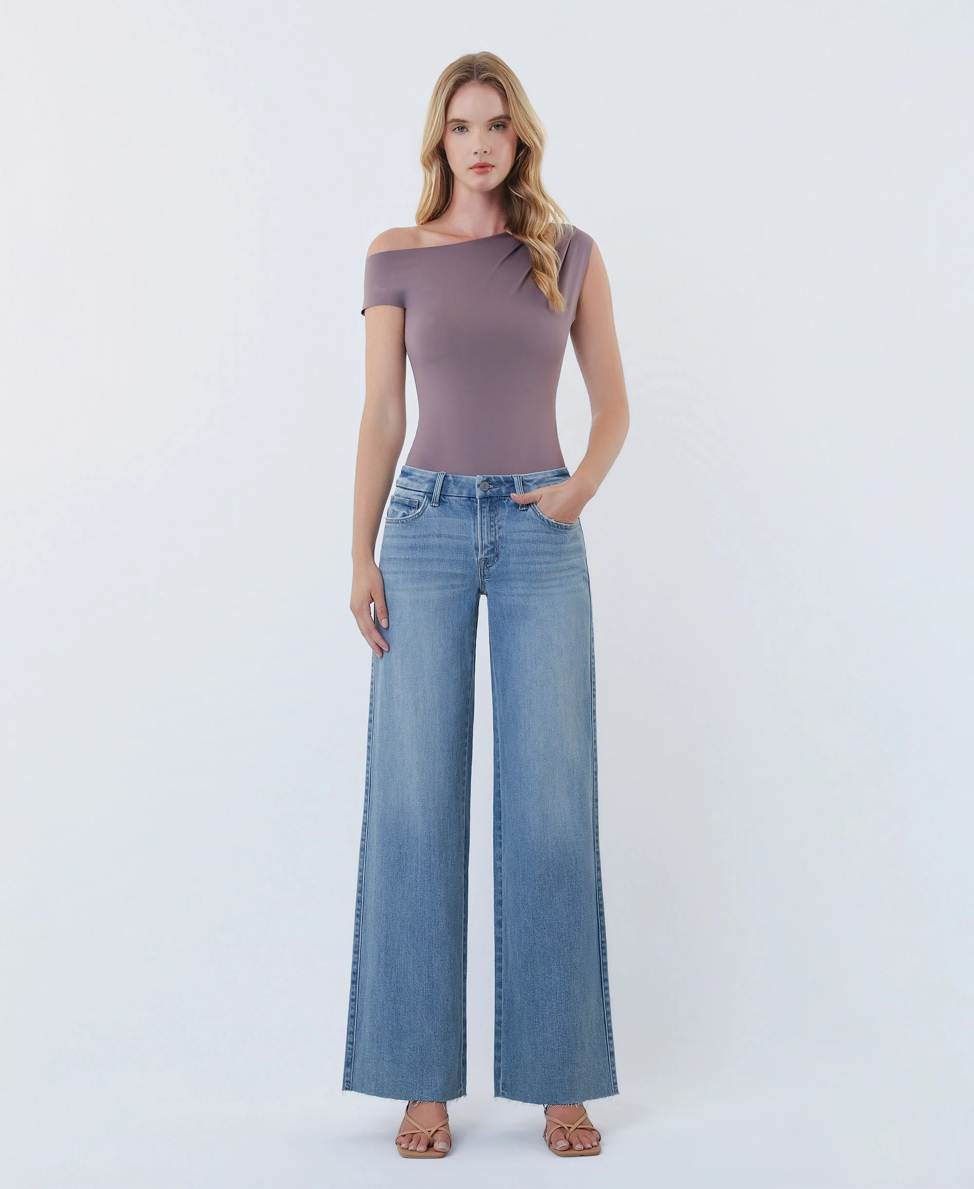 Light - Mid Rise Clean Cut Raw Hem Wide Leg Jeans
