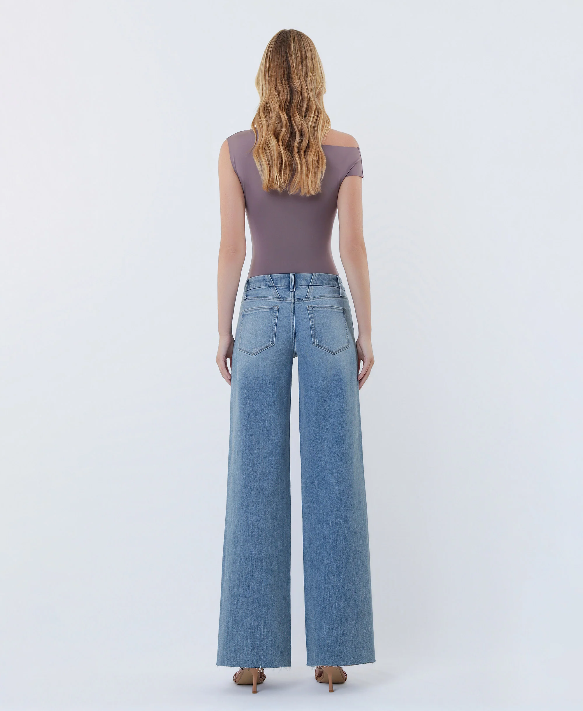 Light - Mid Rise Clean Cut Raw Hem Wide Leg Jeans - Image 2