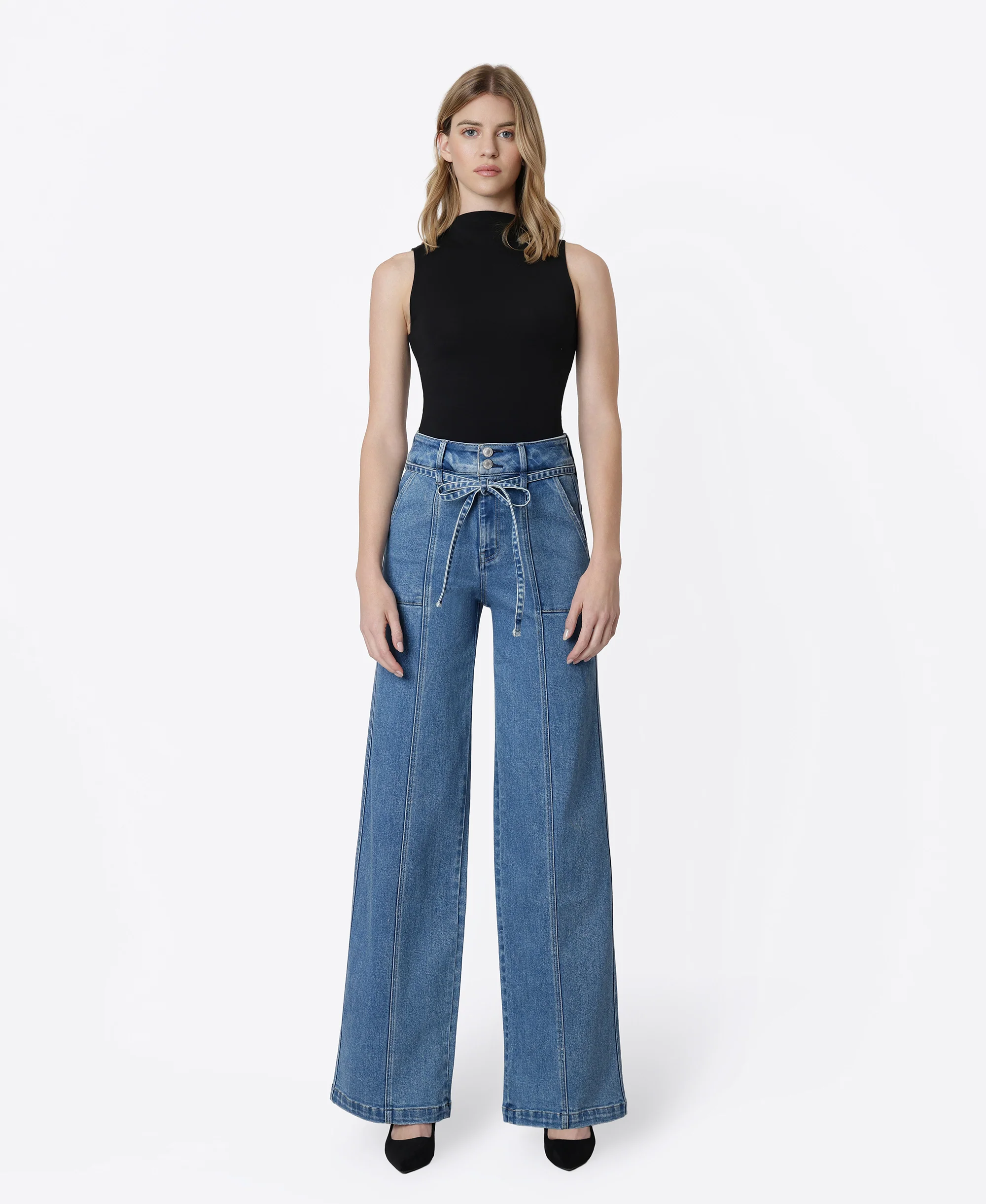 Lush Life - Super High Rise Tie Waistband Wide Leg Jeans