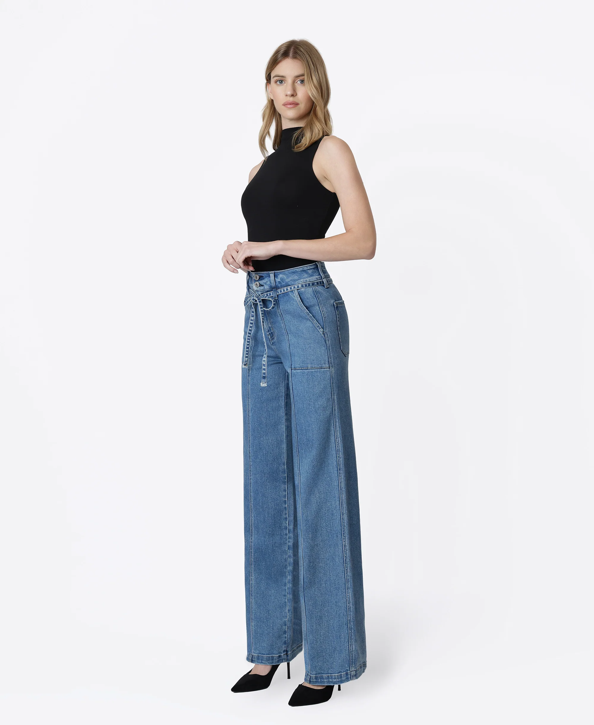 Lush Life - Super High Rise Tie Waistband Wide Leg Jeans - Image 3