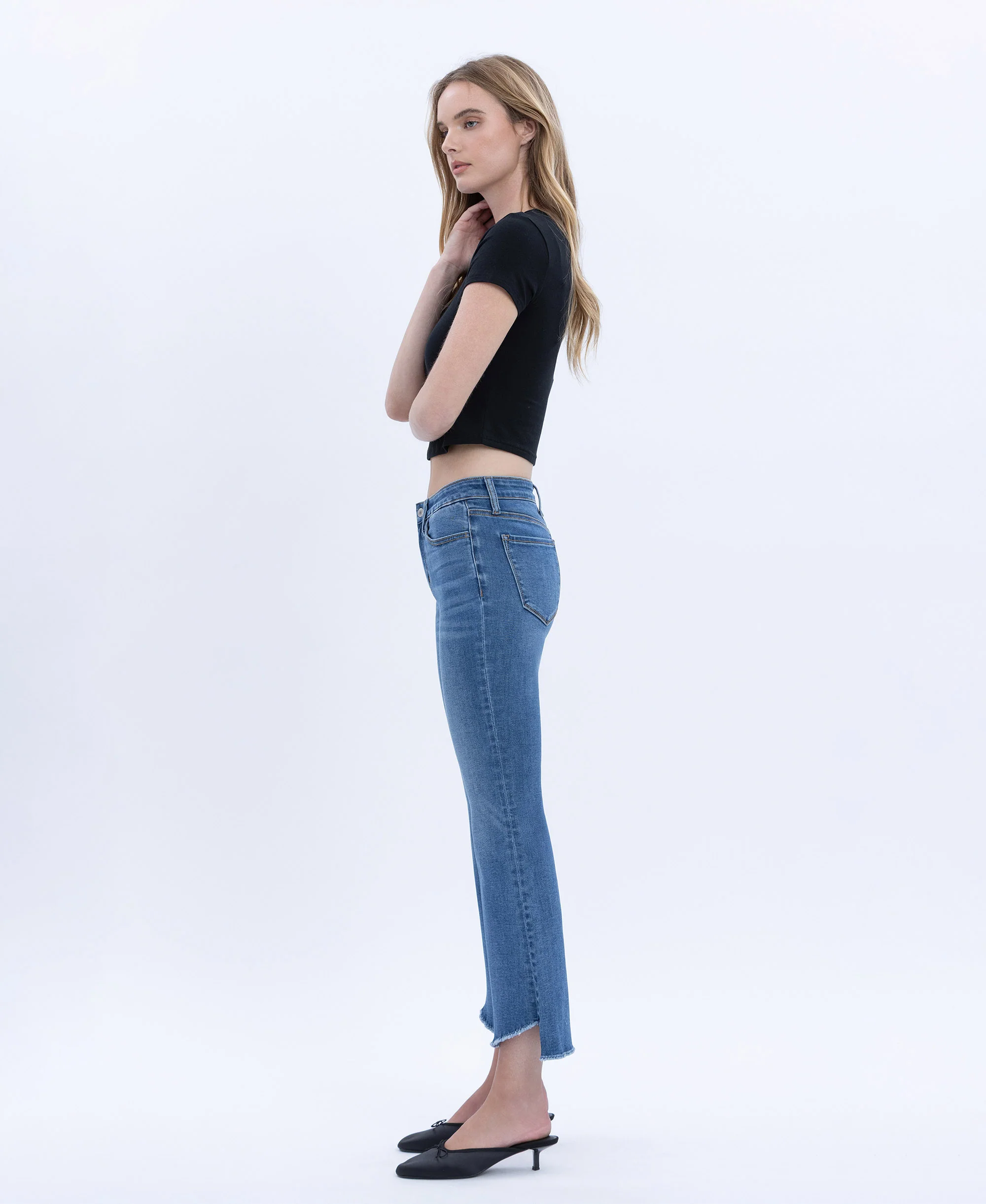 Marine - Mid Rise Raw Step Hem Kick Flare Jeans - Image 3