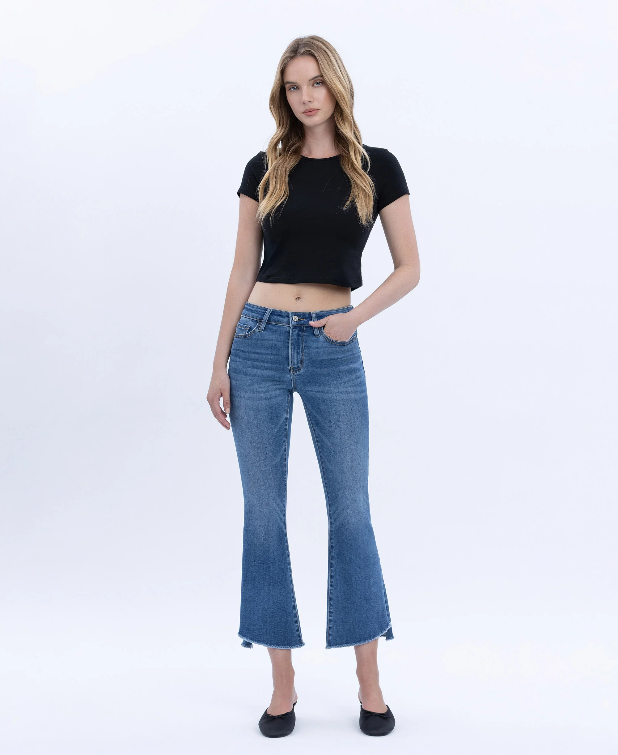 Marine - Mid Rise Raw Step Hem Kick Flare Jeans - Image 4