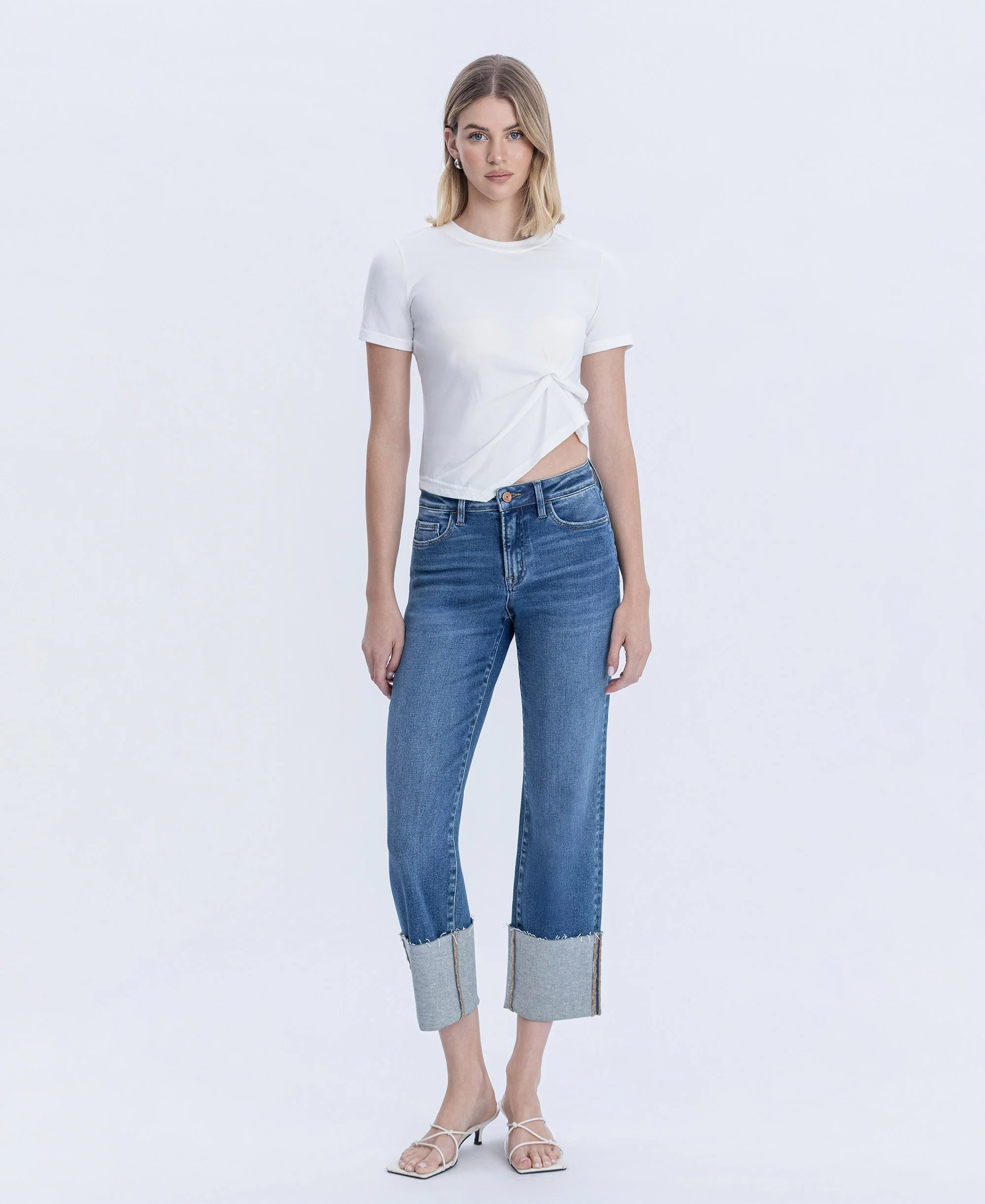 Medium Dark - High Rise Cuffed Crop Straight Jeans