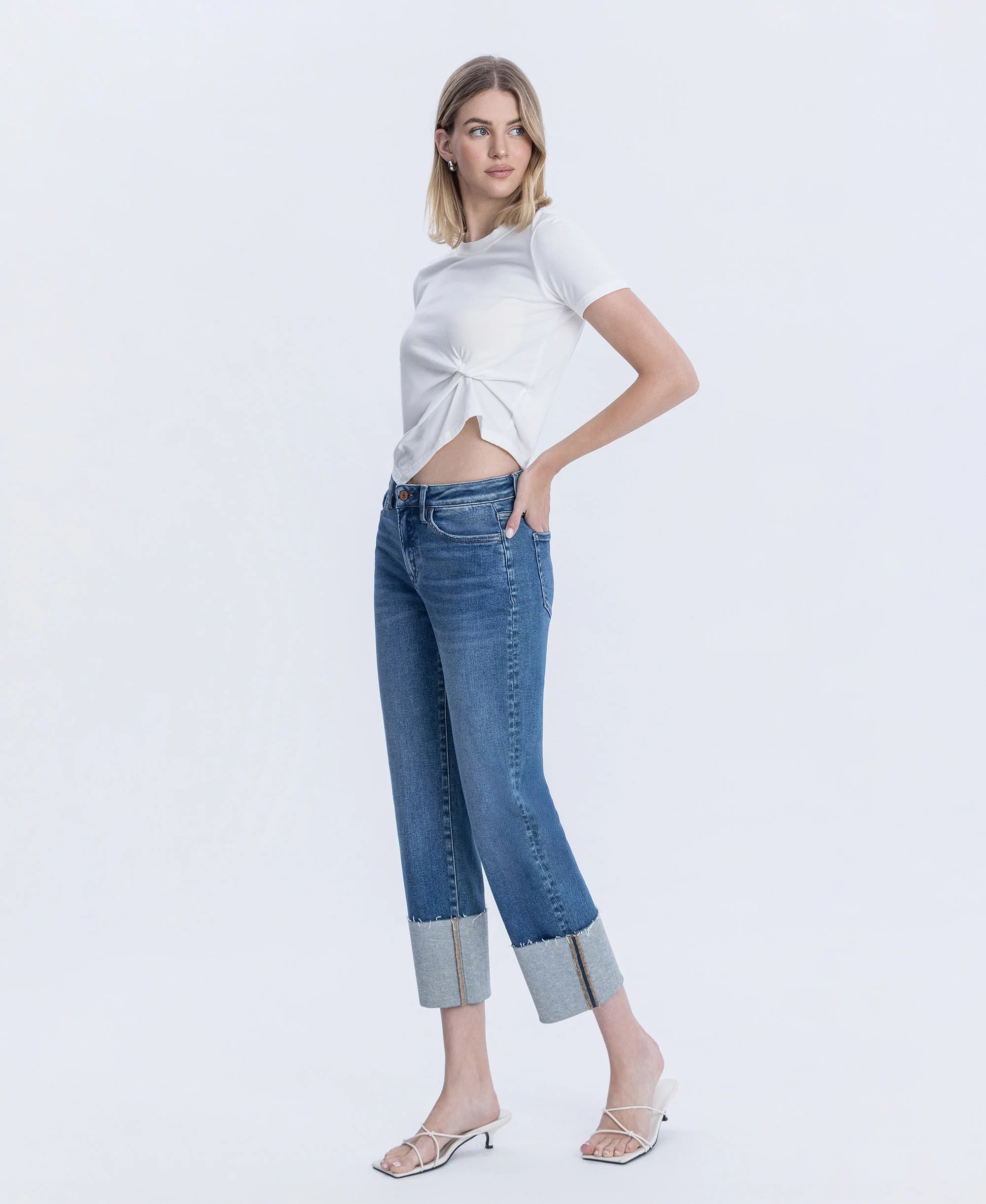 Medium Dark - High Rise Cuffed Crop Straight Jeans - Image 3