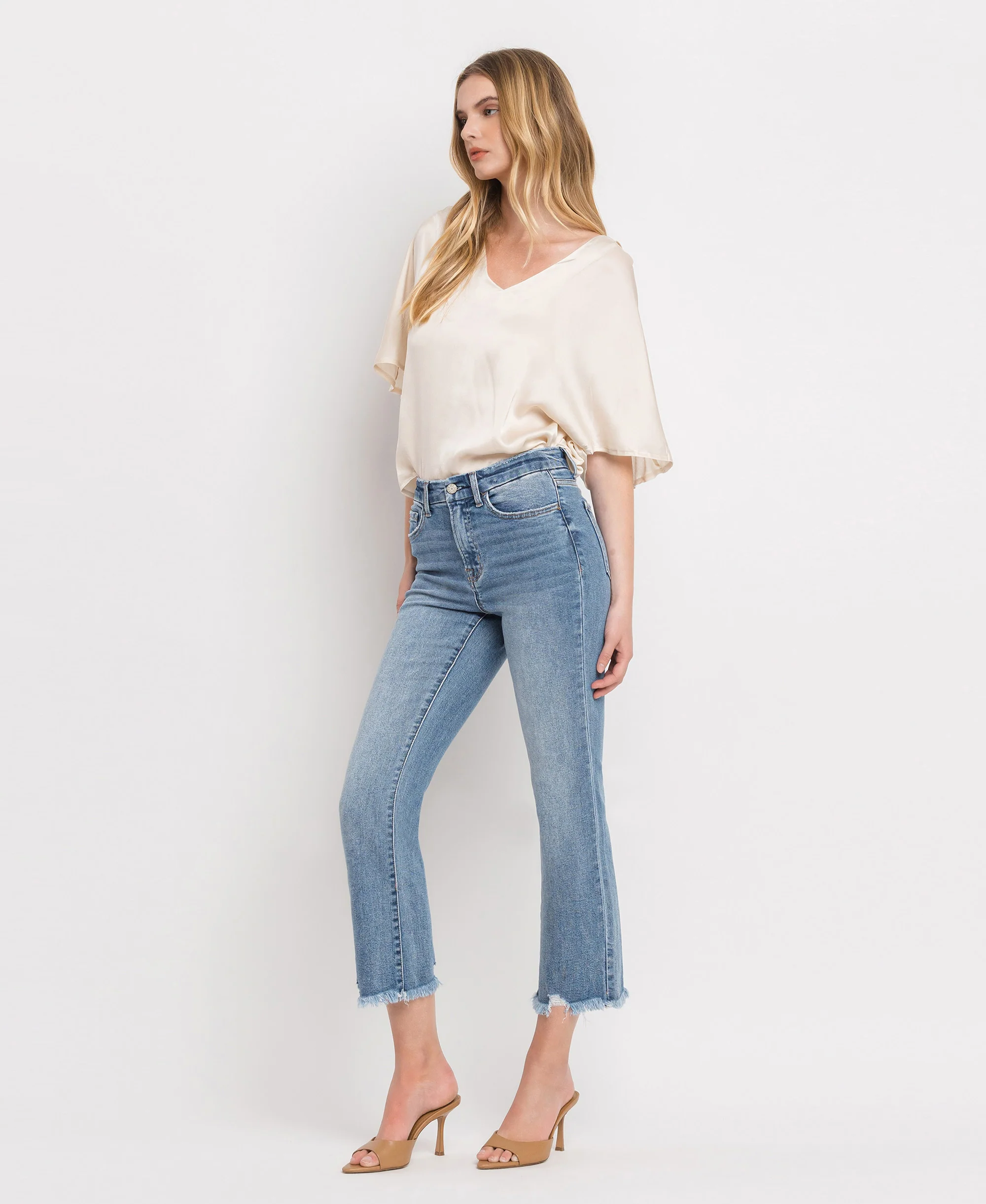 Merciful - High Rise Frayed Hem Crop Flare Jeans - Image 3