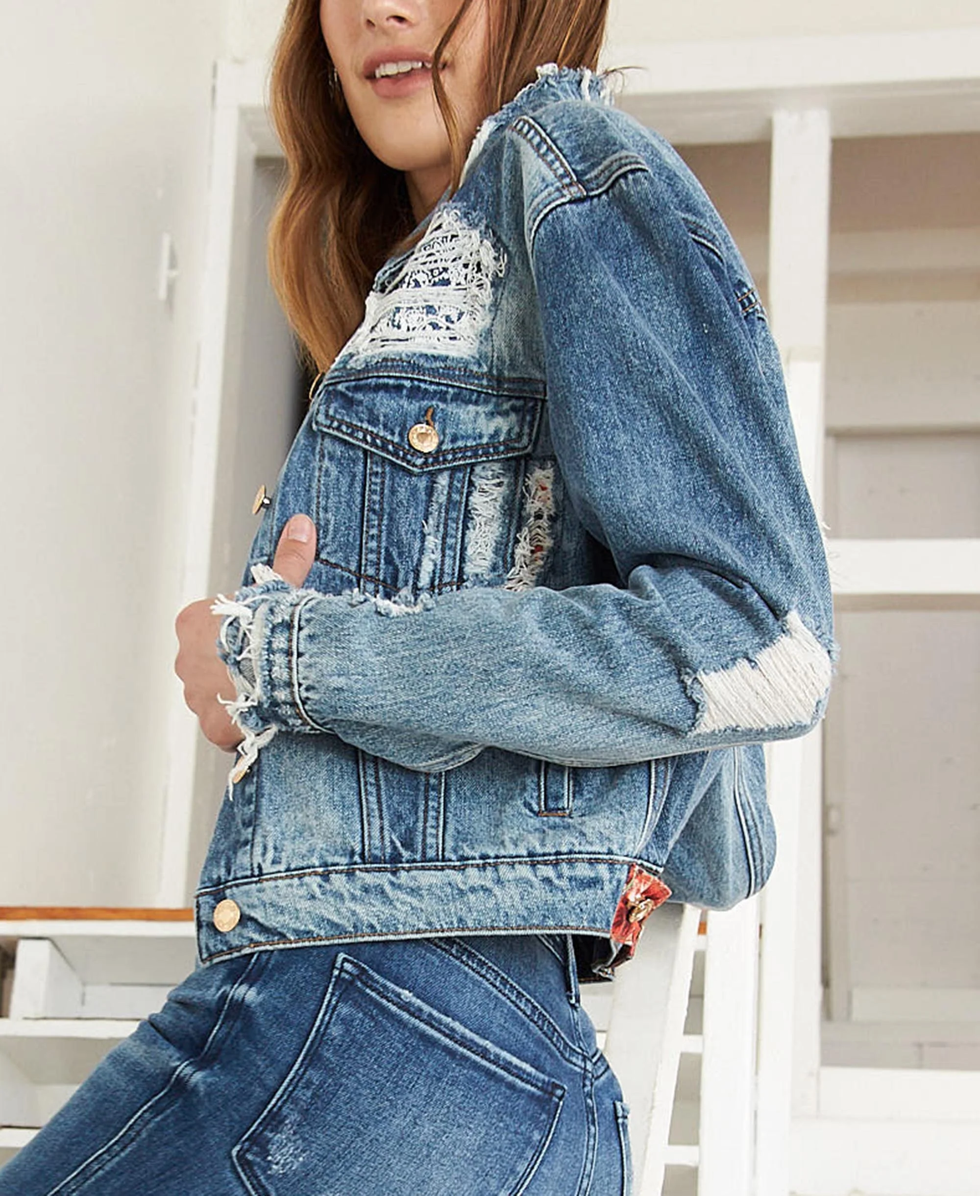 Moving Silence - Distressed Patched Classic Fit Denim Jacket - Image 3