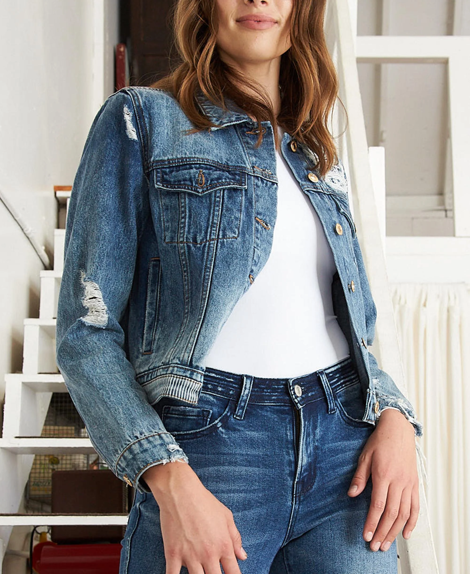 Moving Silence - Distressed Patched Classic Fit Denim Jacket - Image 5