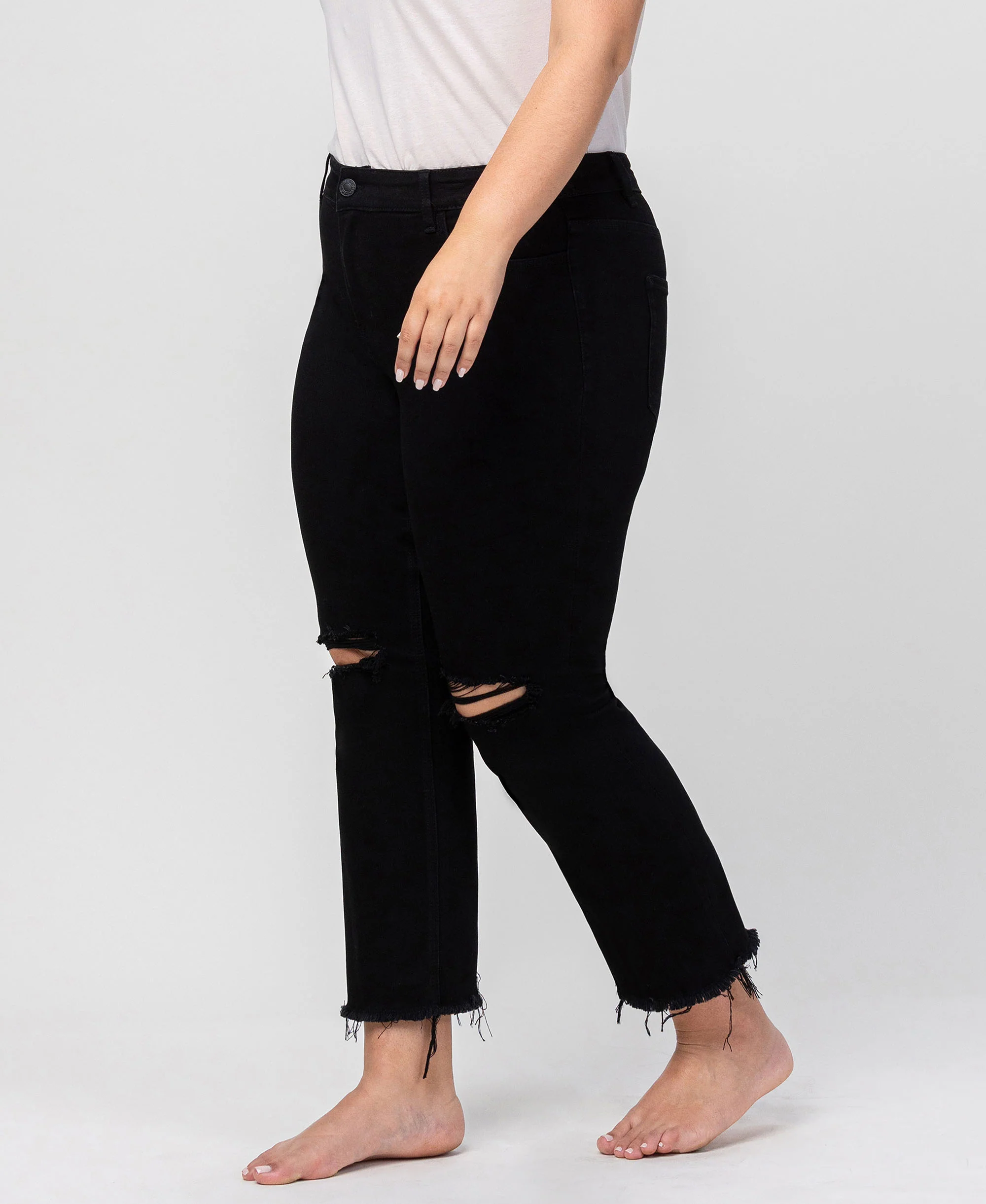Black - Plus Size High Rise Raw Hem Straight Jeans - Image 3