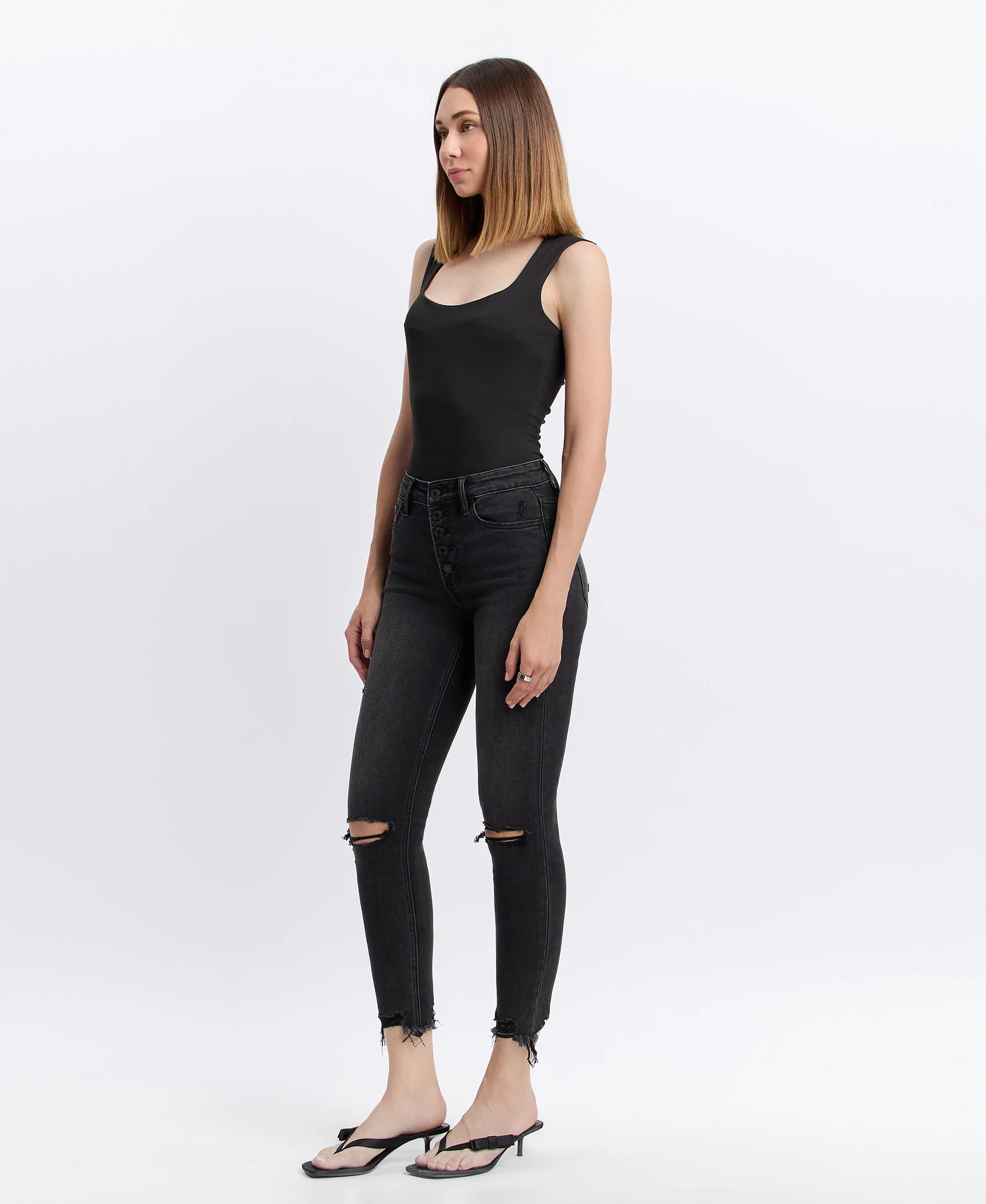 Night Reflection - High Rise Button Fly Distressed Crop Skinny Jeans - Image 3