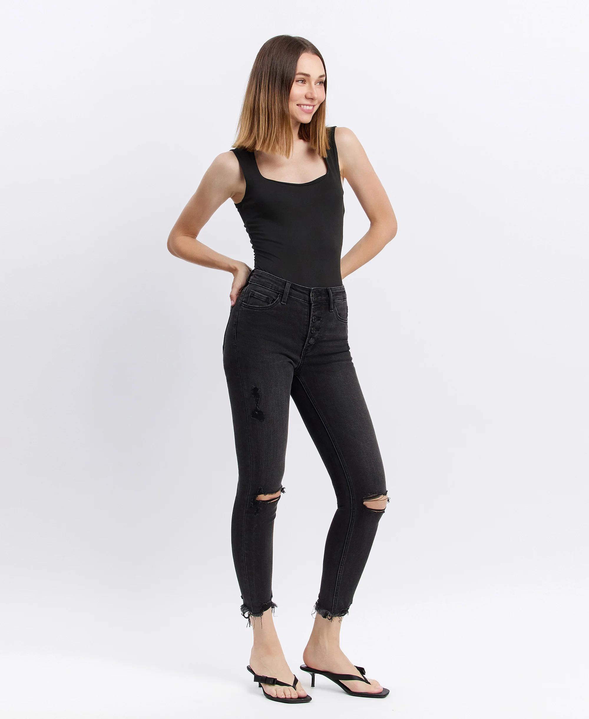 Night Reflection - High Rise Button Fly Distressed Crop Skinny Jeans - Image 4