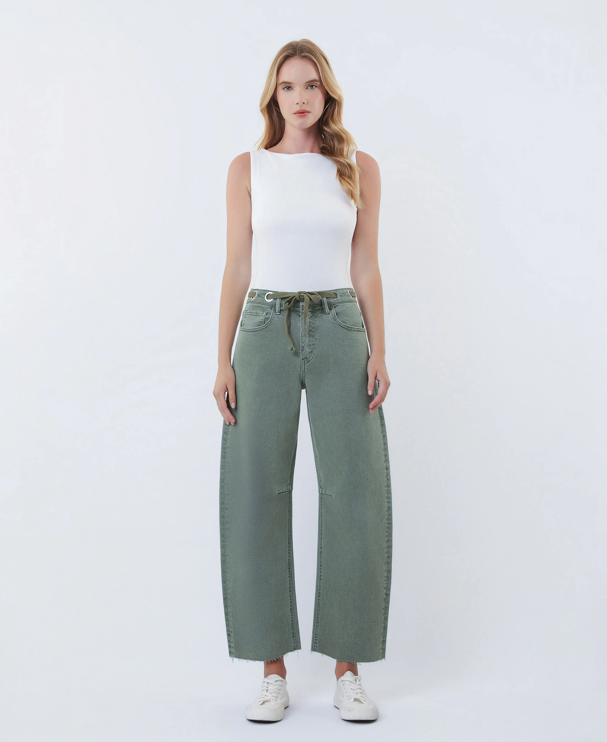 Olive - Super High Rise Drawstring WB Wide Barrel Jeans