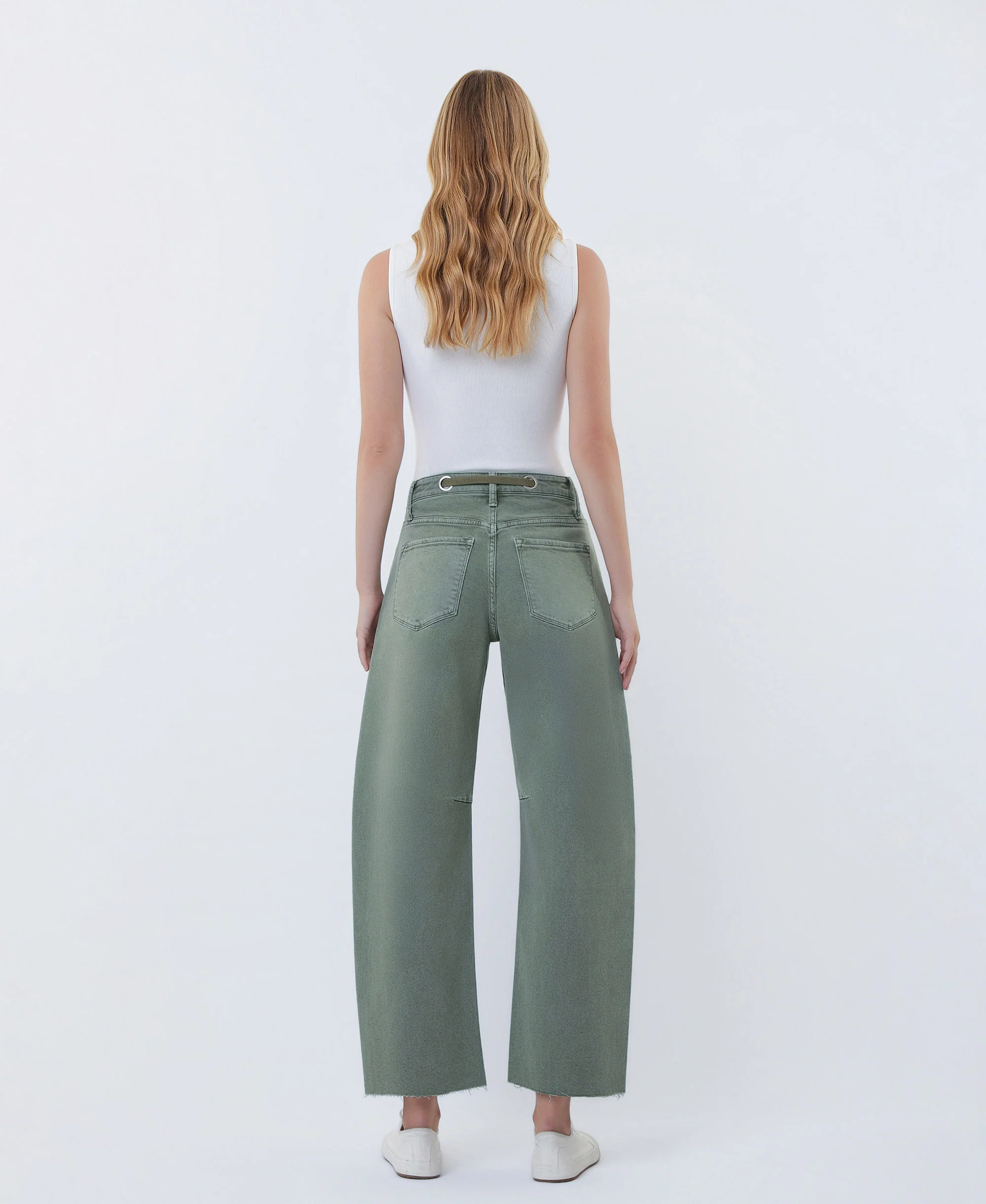 Olive - Super High Rise Drawstring WB Wide Barrel Jeans - Image 2