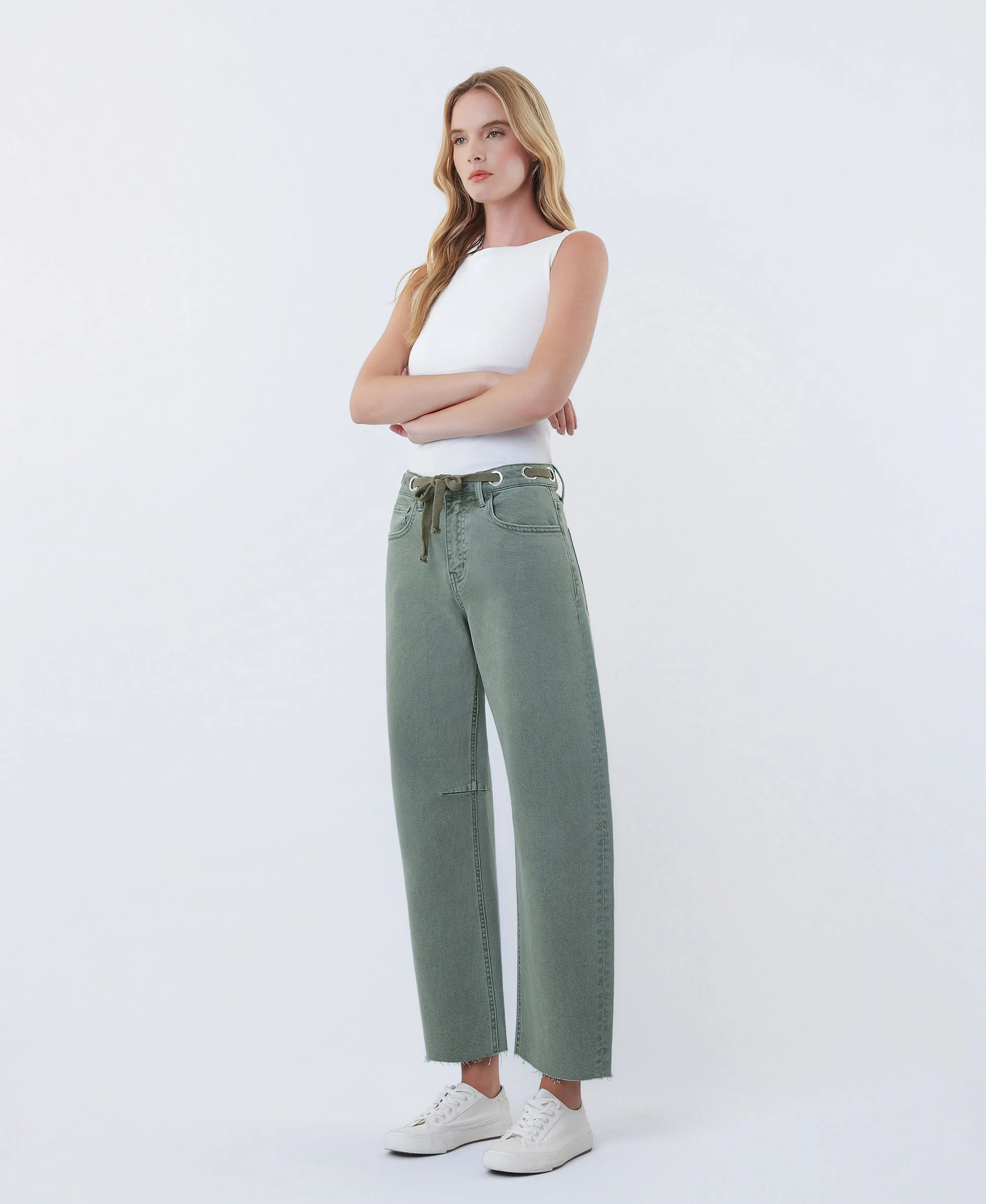 Olive - Super High Rise Drawstring WB Wide Barrel Jeans - Image 3