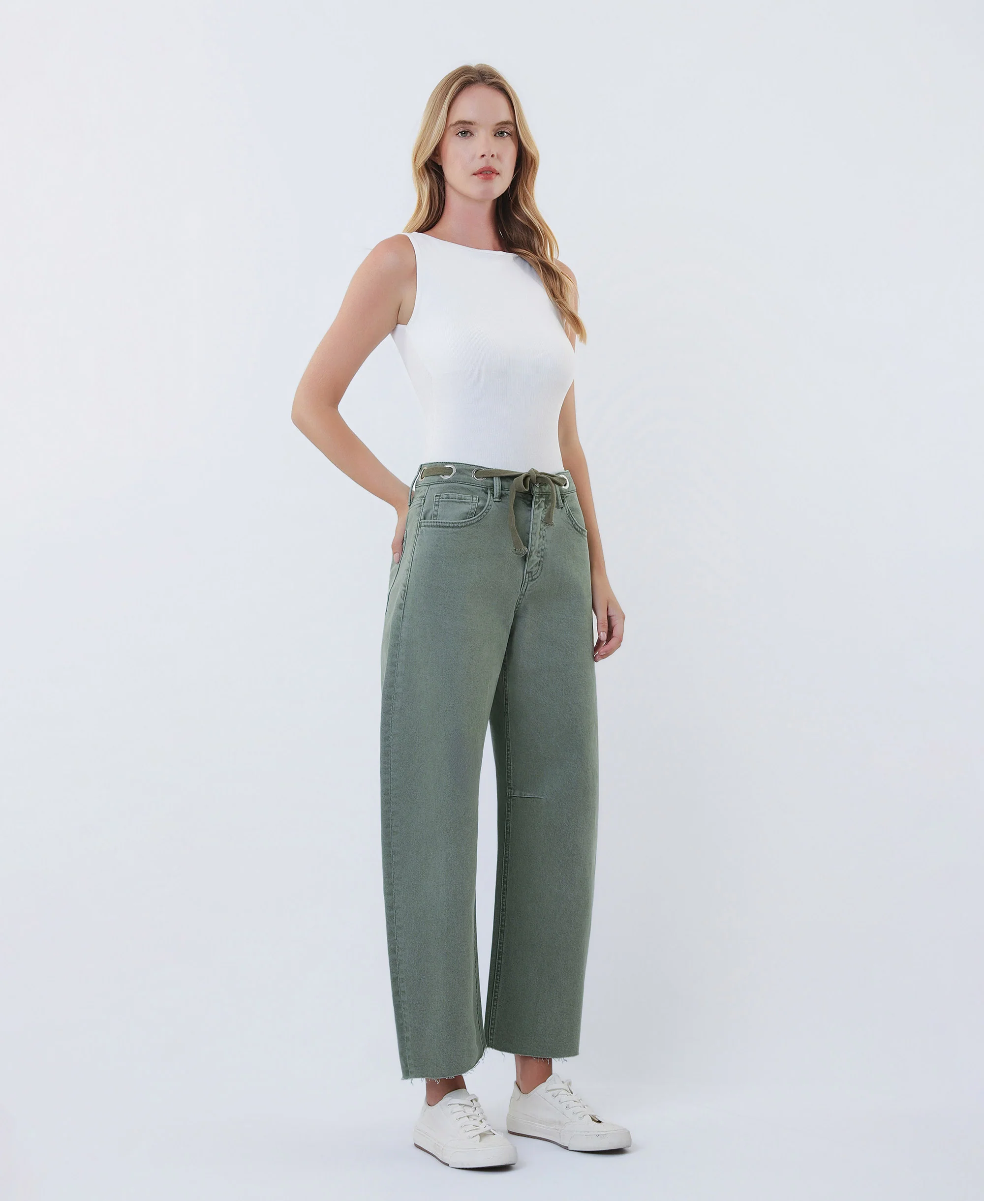 Olive - Super High Rise Drawstring WB Wide Barrel Jeans - Image 4