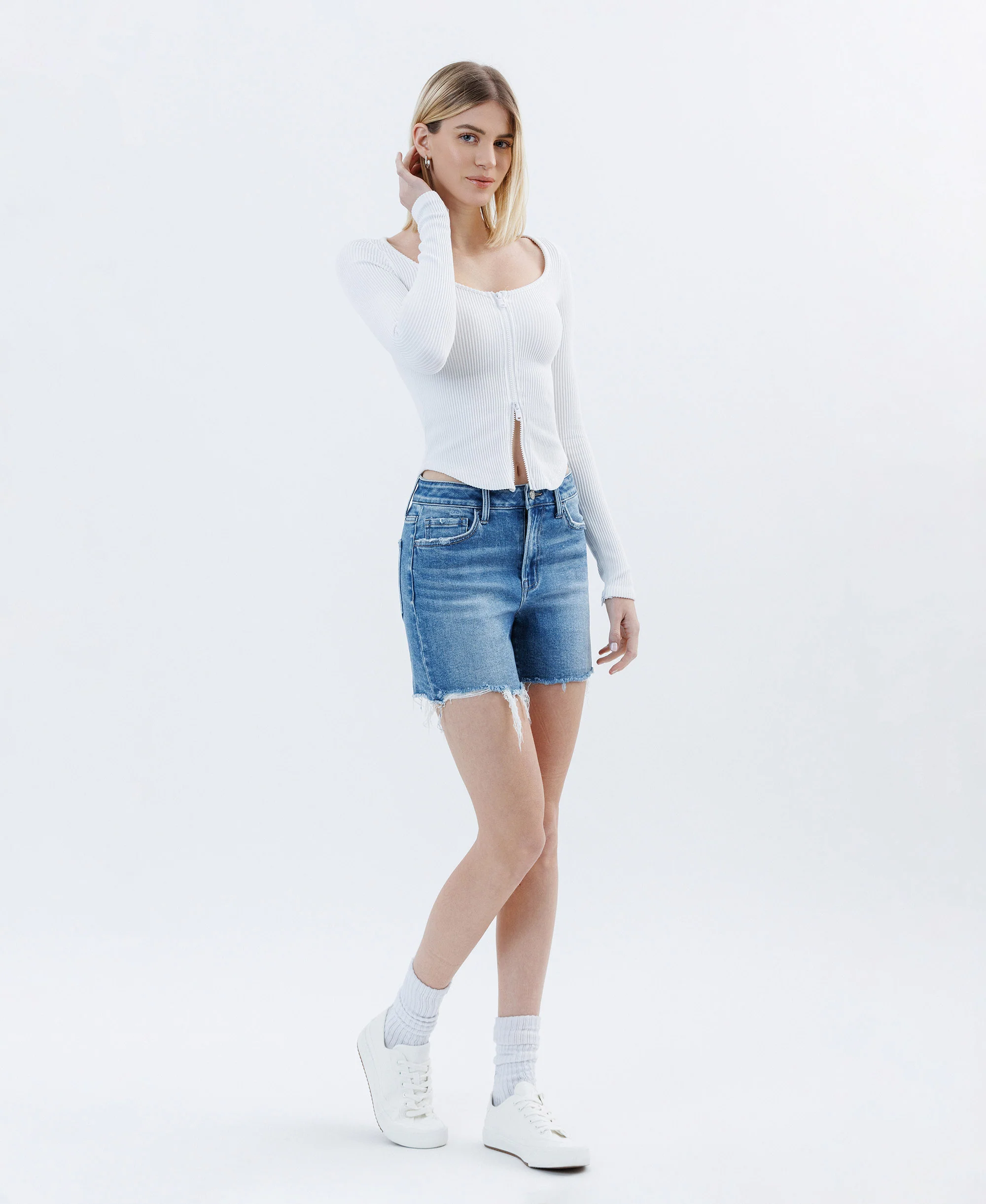 Open Minded - High Rise Raw Hem Boyfriend Denim Shorts - Image 4