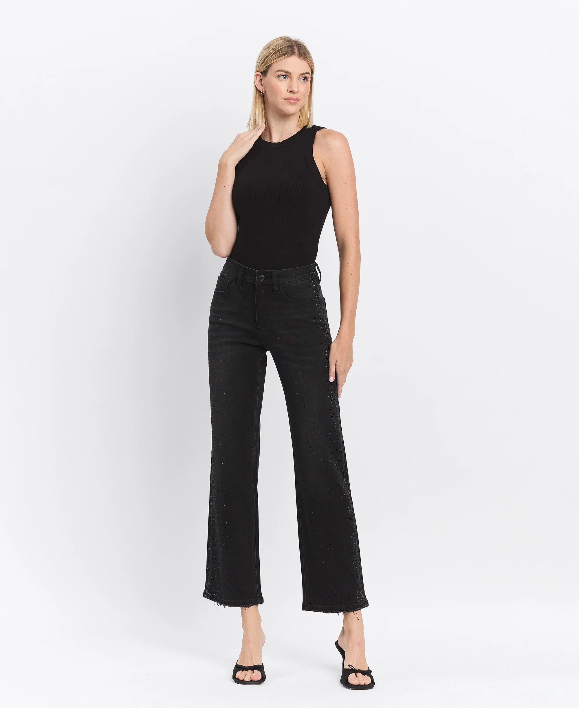 Openness - High Rise Rhinestone Slim Wide Leg Jeans - Image 4