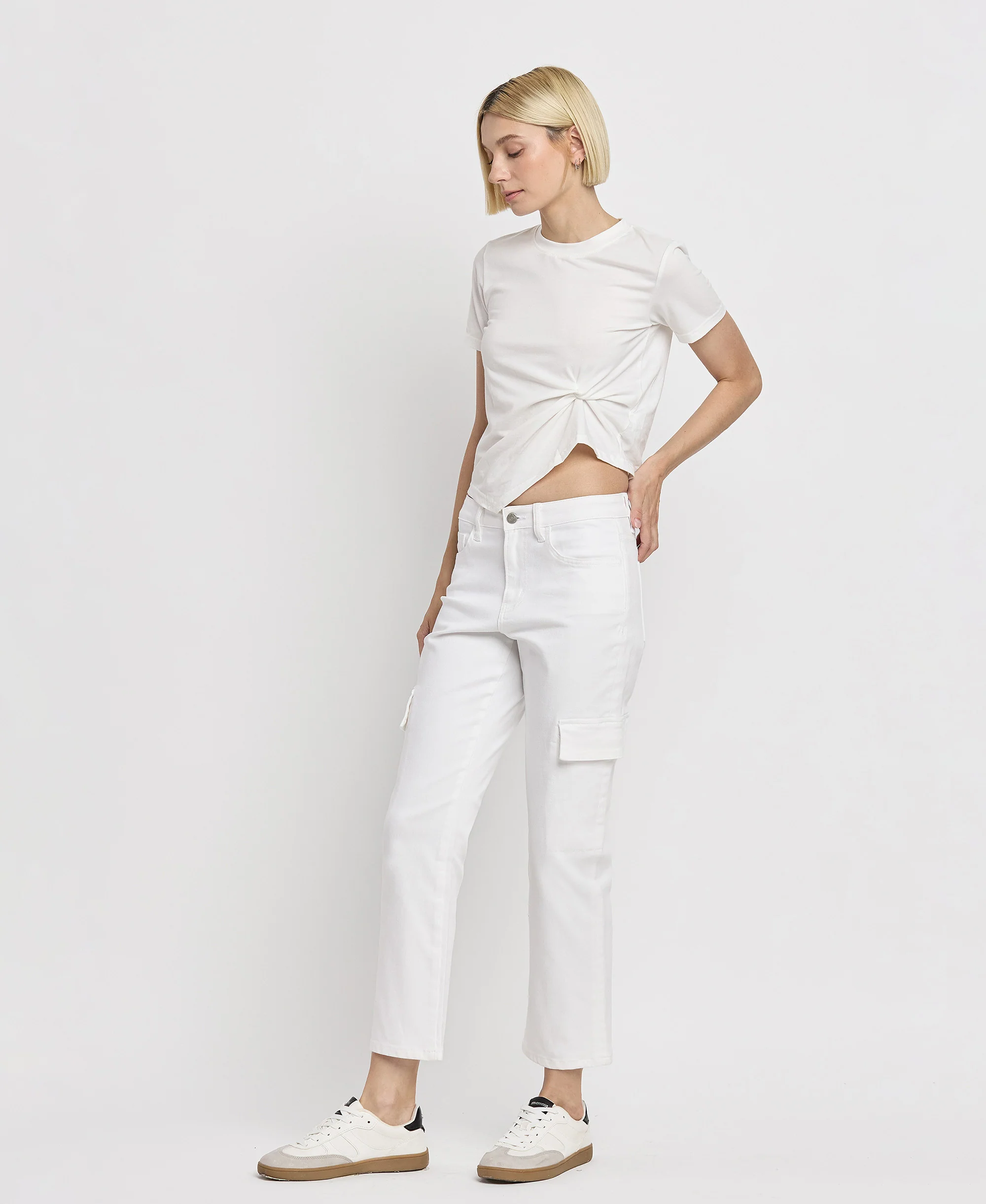 Optic White - High Rise Crop Cargo Straight Jeans - Image 3