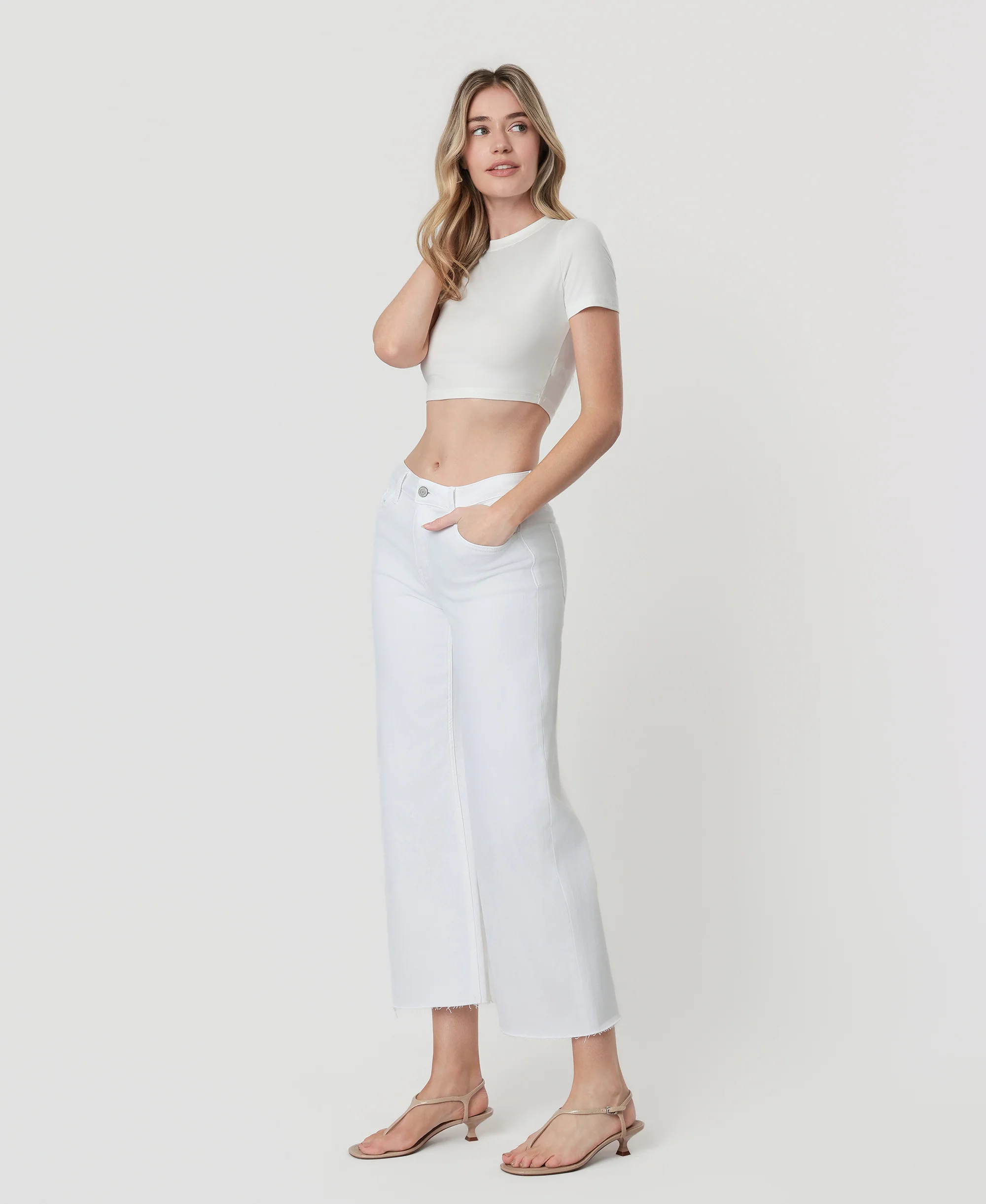 Optic White - High Rise Crop Wide Leg Jeans - Image 3