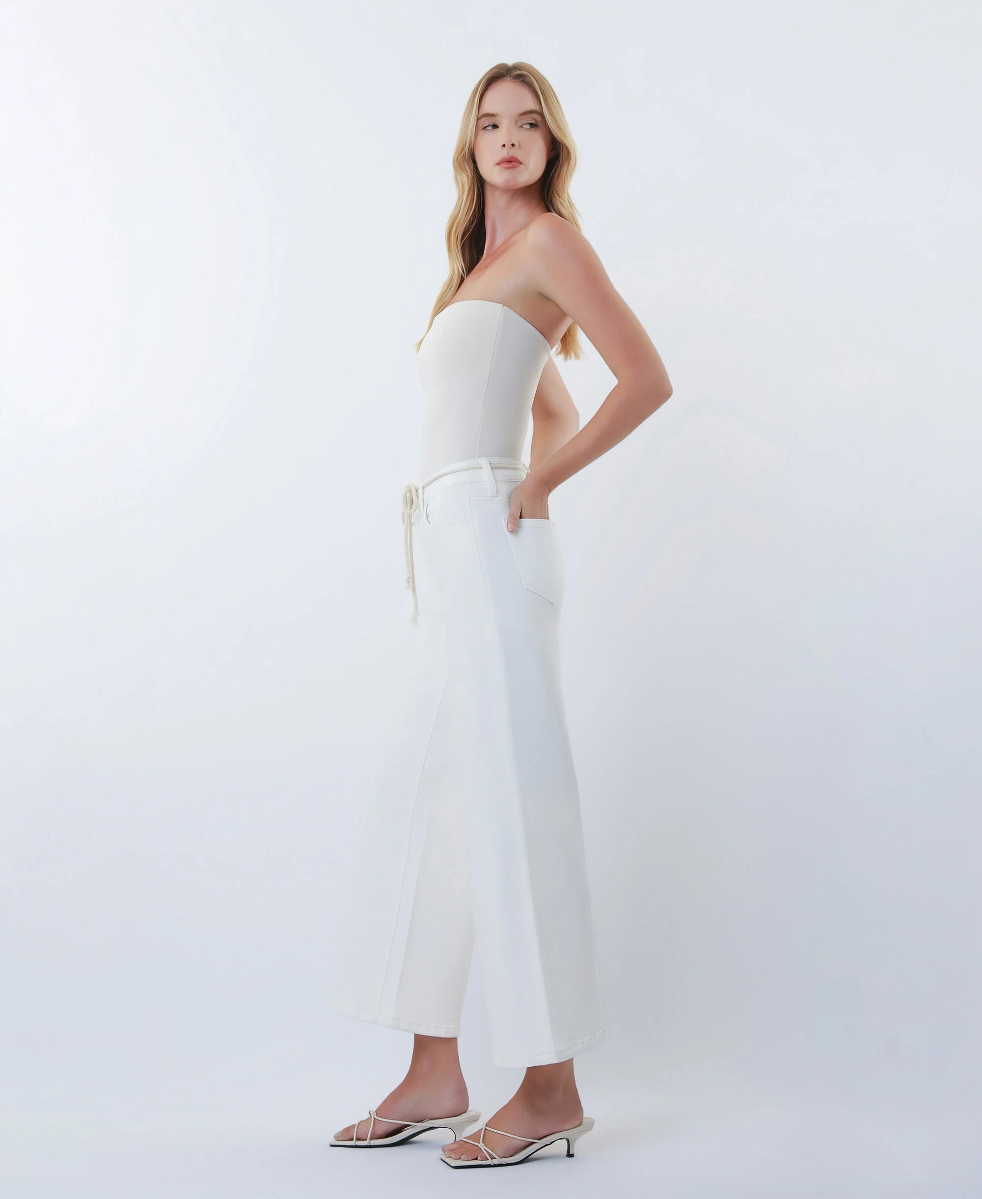 Optic White - High Rise Drawstring WB Crop Wide Leg Jeans - Image 3