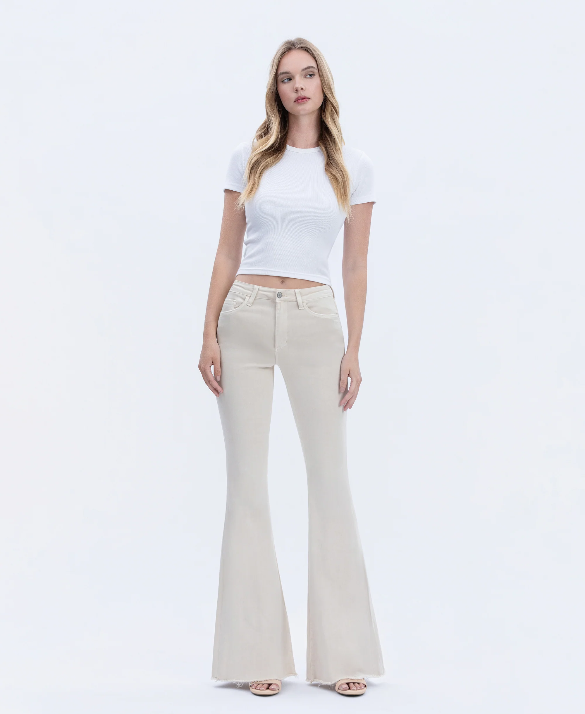 Parchment - High Rise Raw Hem Super Flare Jeans