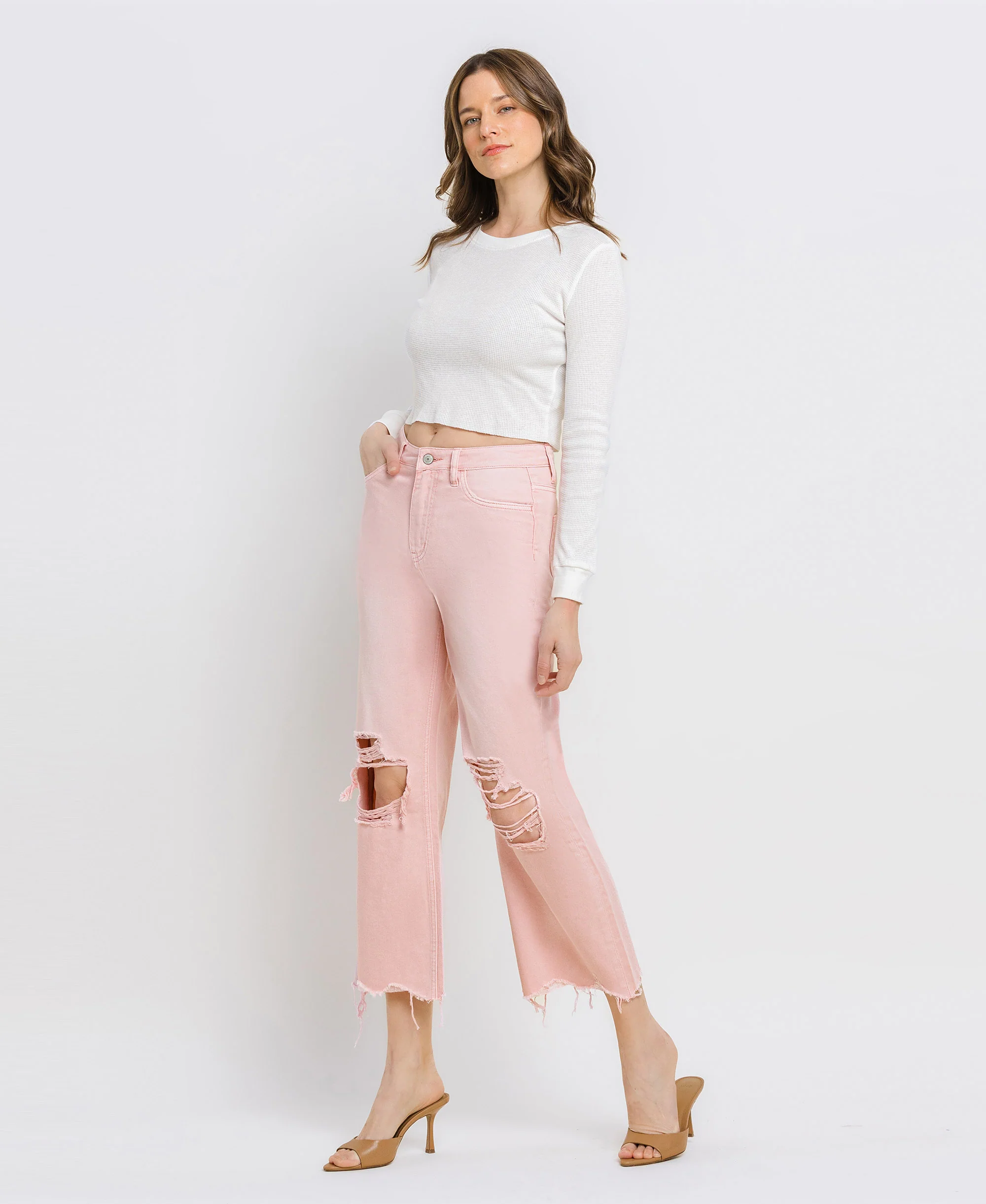 Powder Pink - Super High Rise 90s Vintage Crop Flare Jeans - Image 3