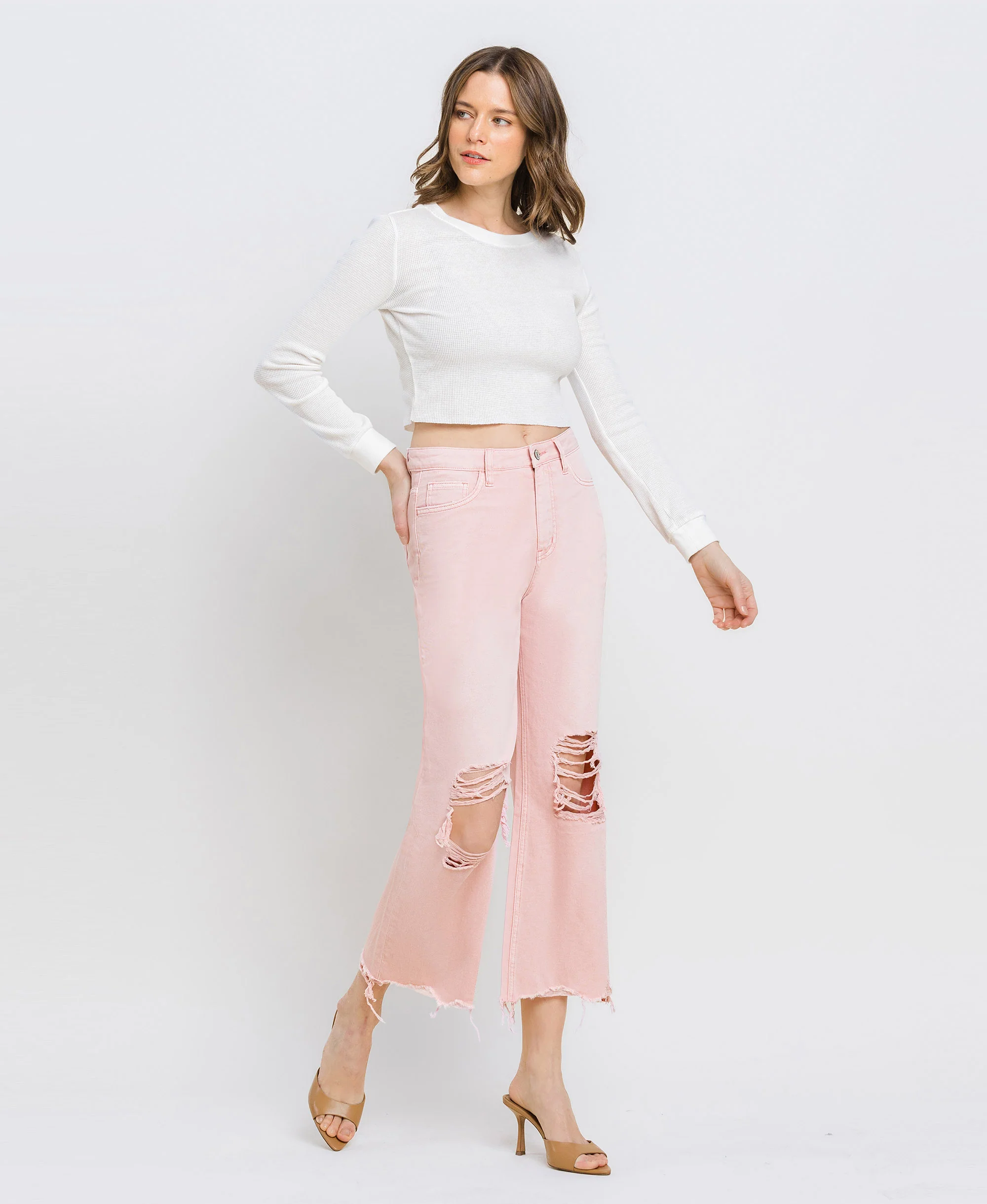 Powder Pink - Super High Rise 90s Vintage Crop Flare Jeans - Image 4