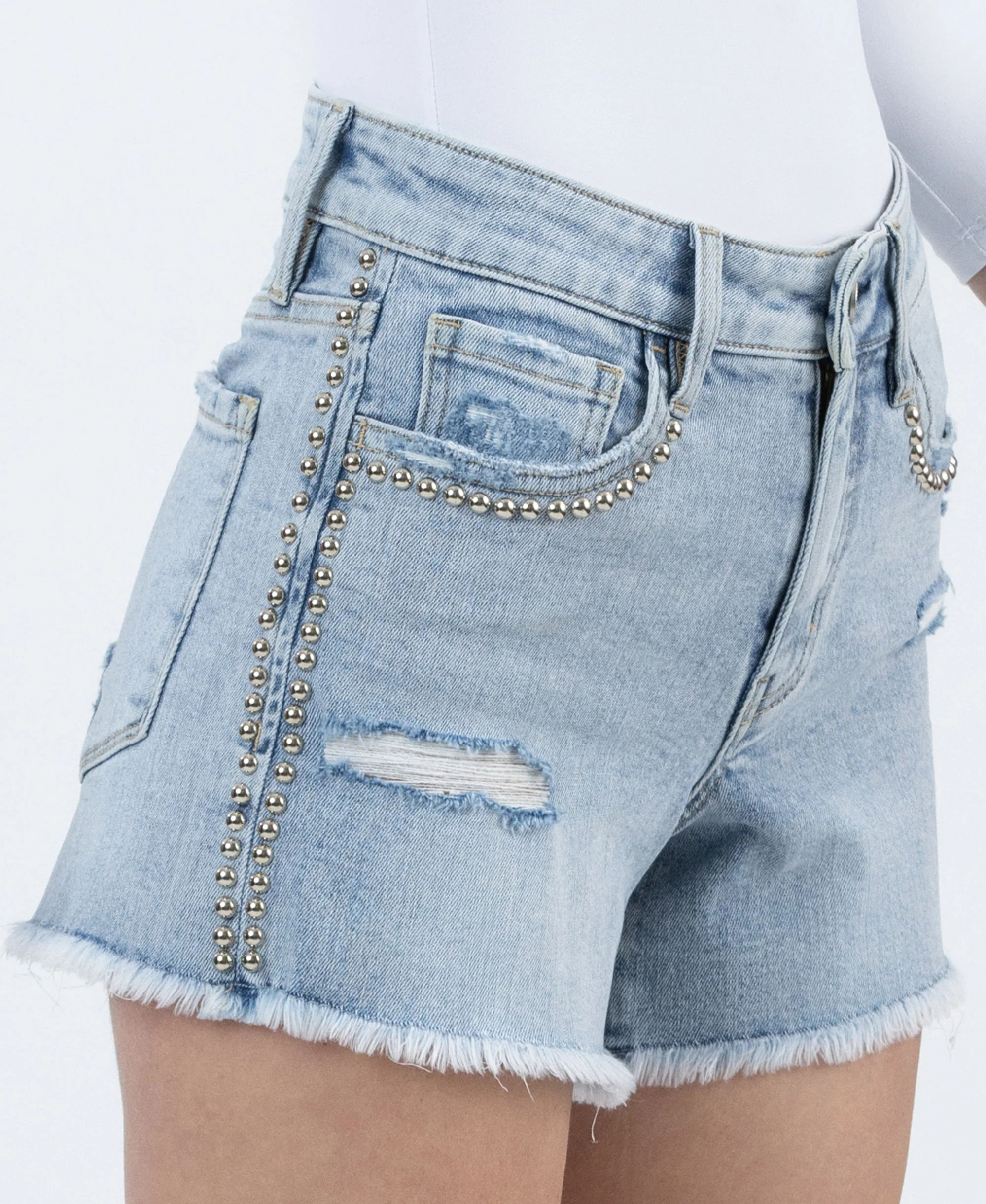 Prowess - High Rise Distressed Studded Denim Shorts - Image 5