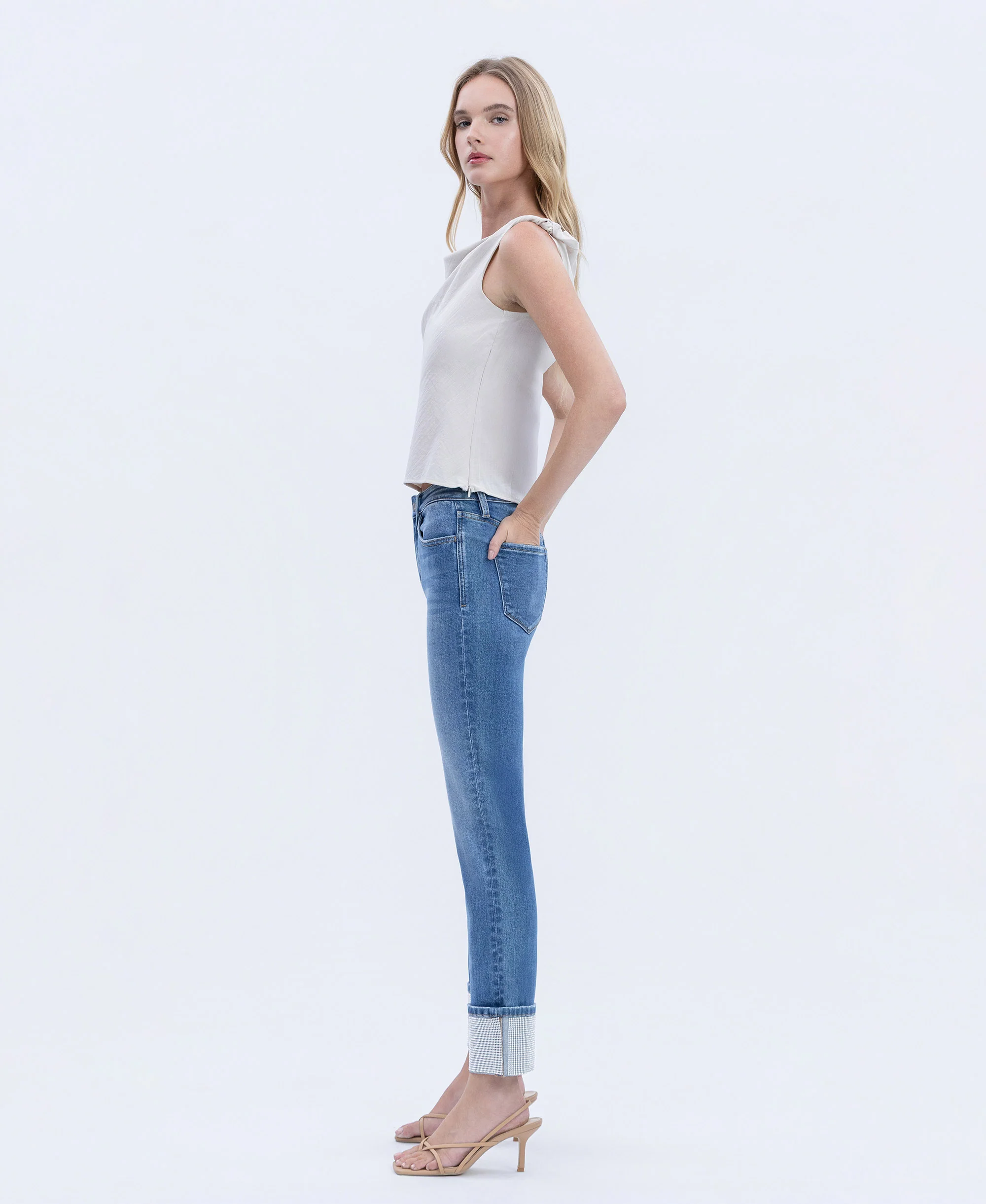 Radiant Dream - High Rise Rhinestone Cuffed Slim Straight Jeans - Image 3
