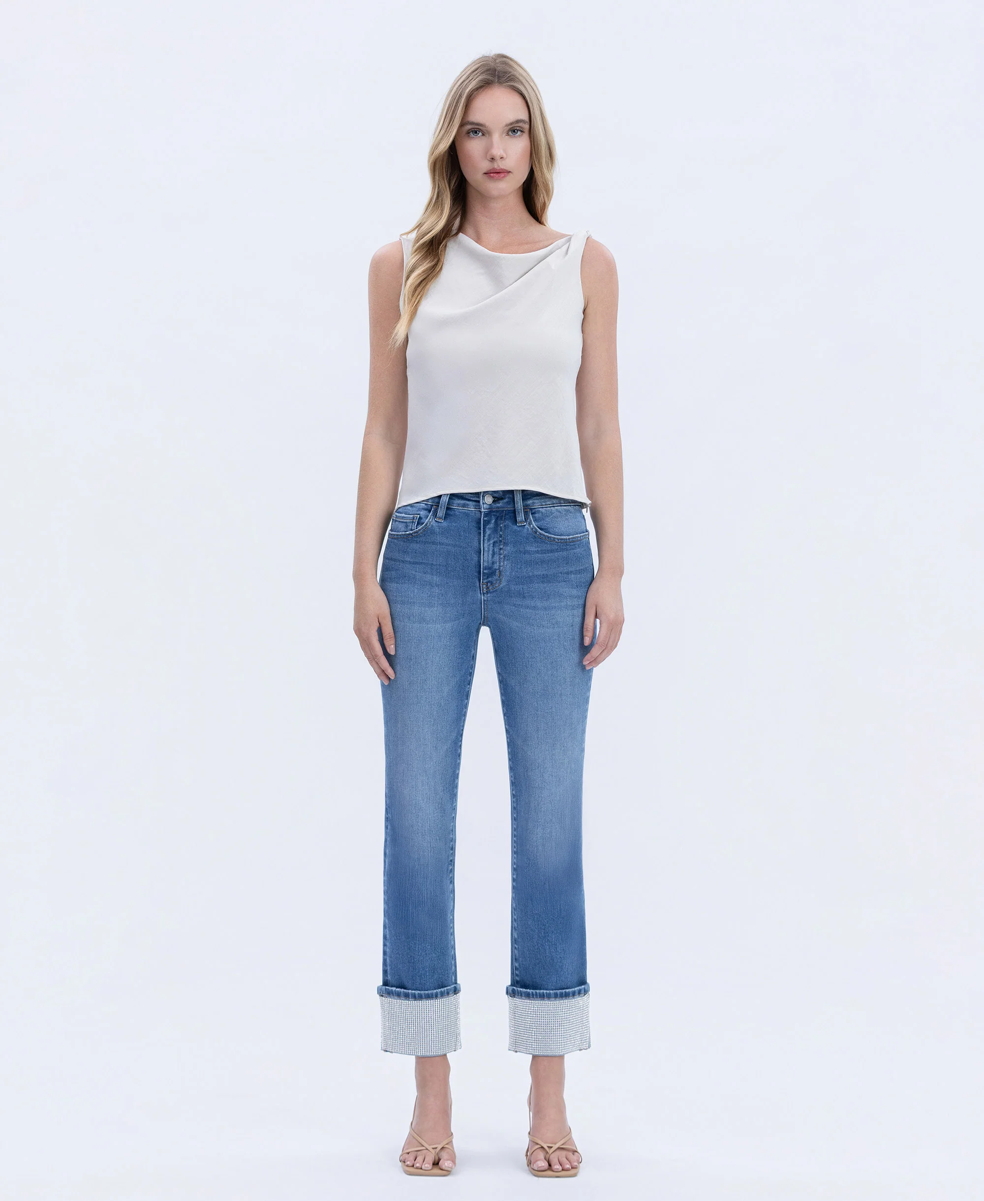Radiant Dream - High Rise Rhinestone Cuffed Slim Straight Jeans - Image 4