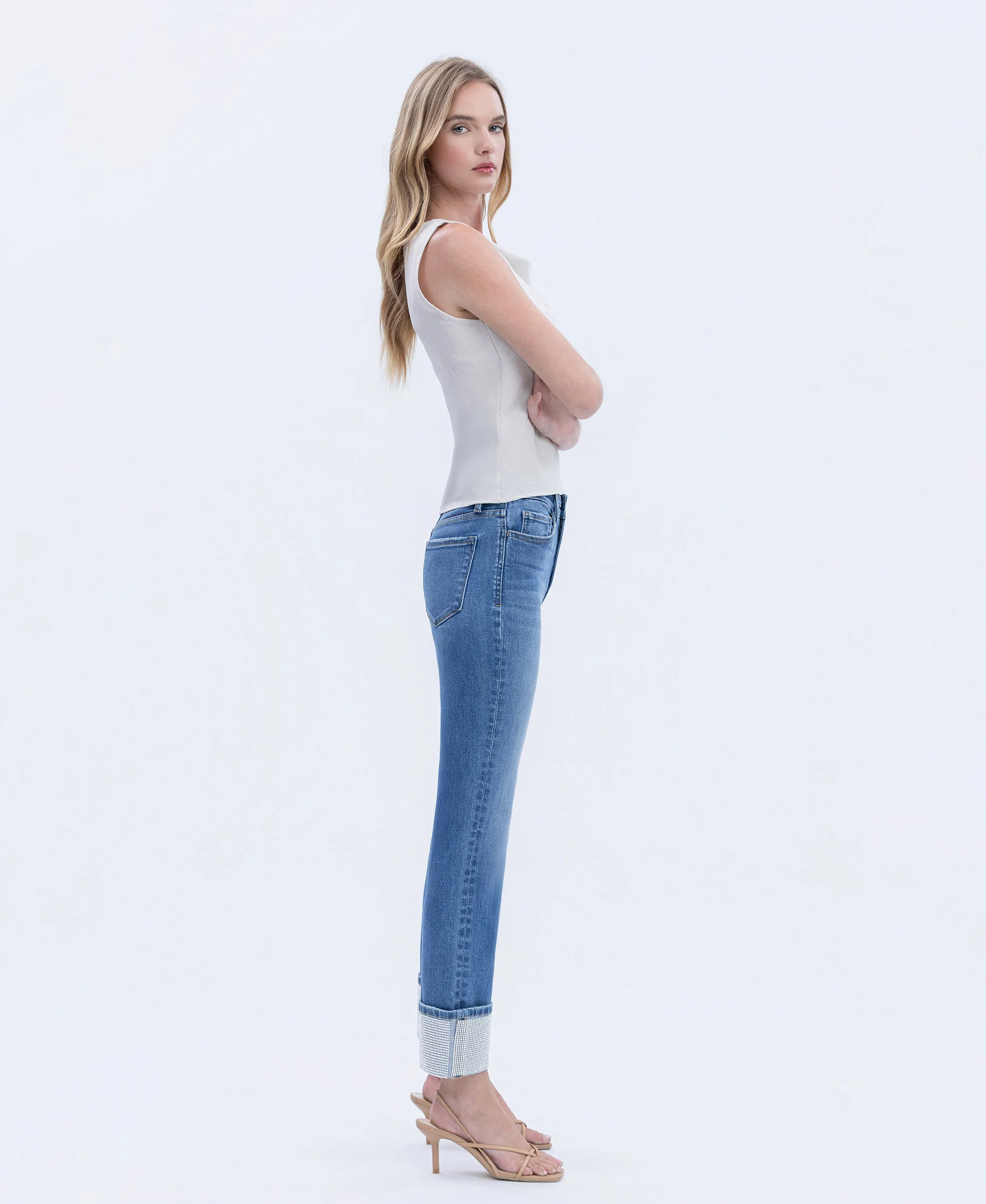 Radiant Dream - High Rise Rhinestone Cuffed Slim Straight Jeans - Image 5