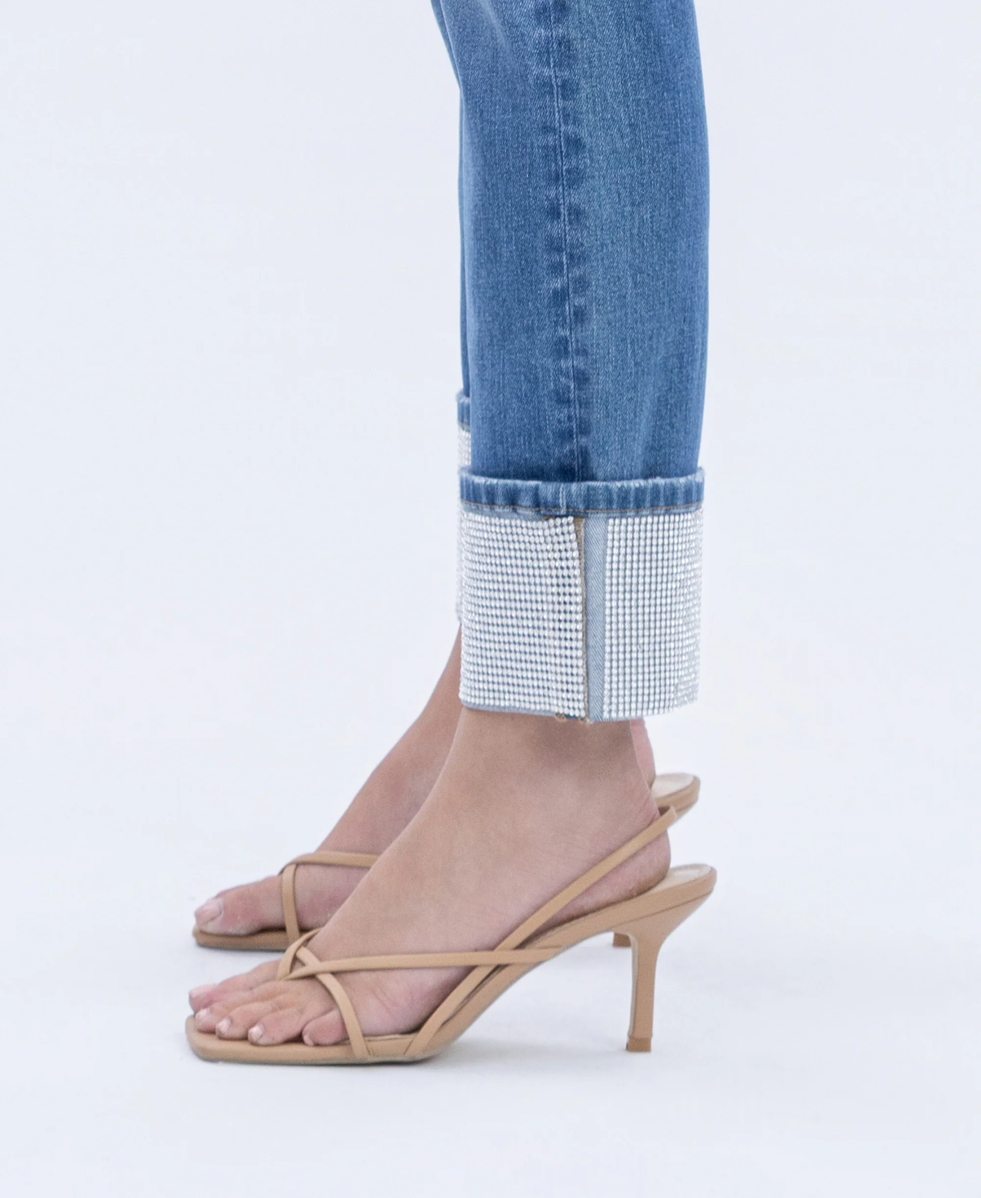 Radiant Dream - High Rise Rhinestone Cuffed Slim Straight Jeans - Image 6
