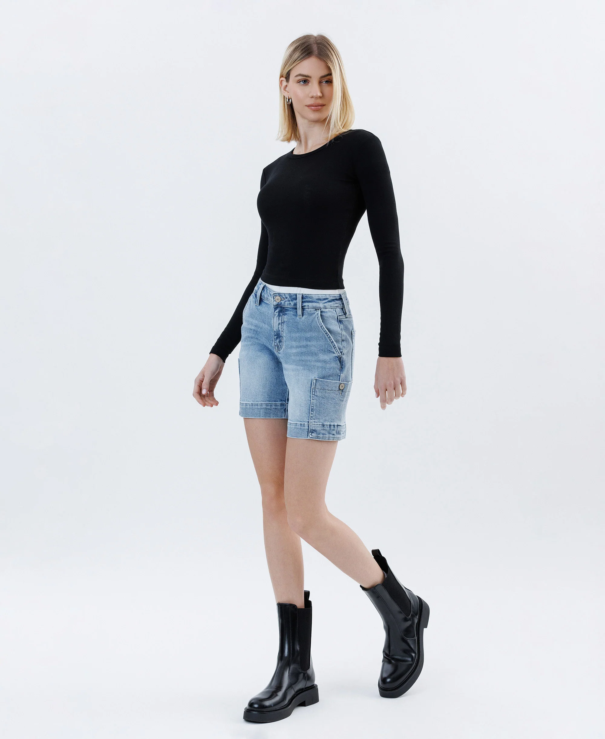 Radiant Flow - Mid Rise Pocket Wide Bermuda Denim Shorts - Image 3