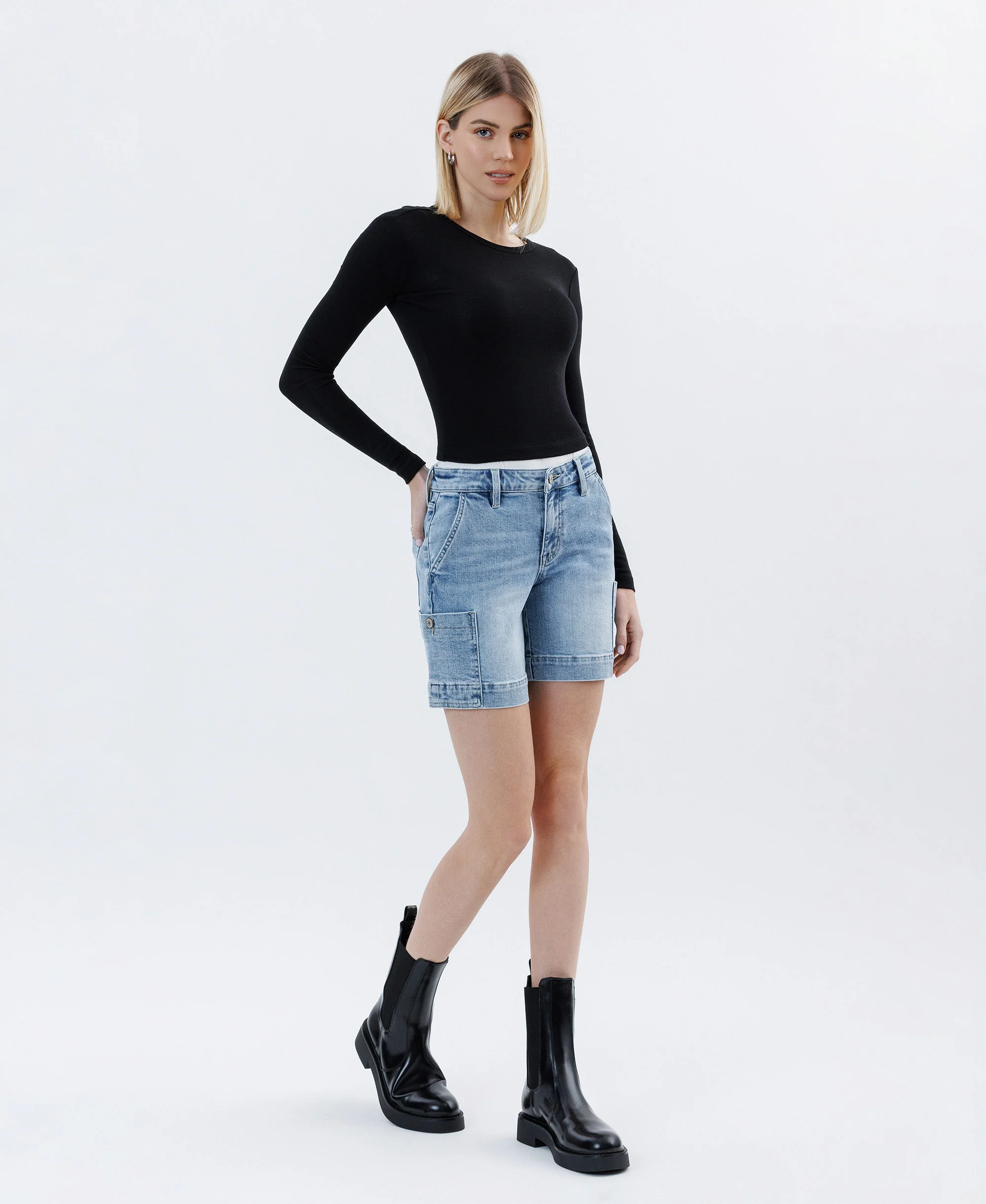 Radiant Flow - Mid Rise Pocket Wide Bermuda Denim Shorts - Image 4