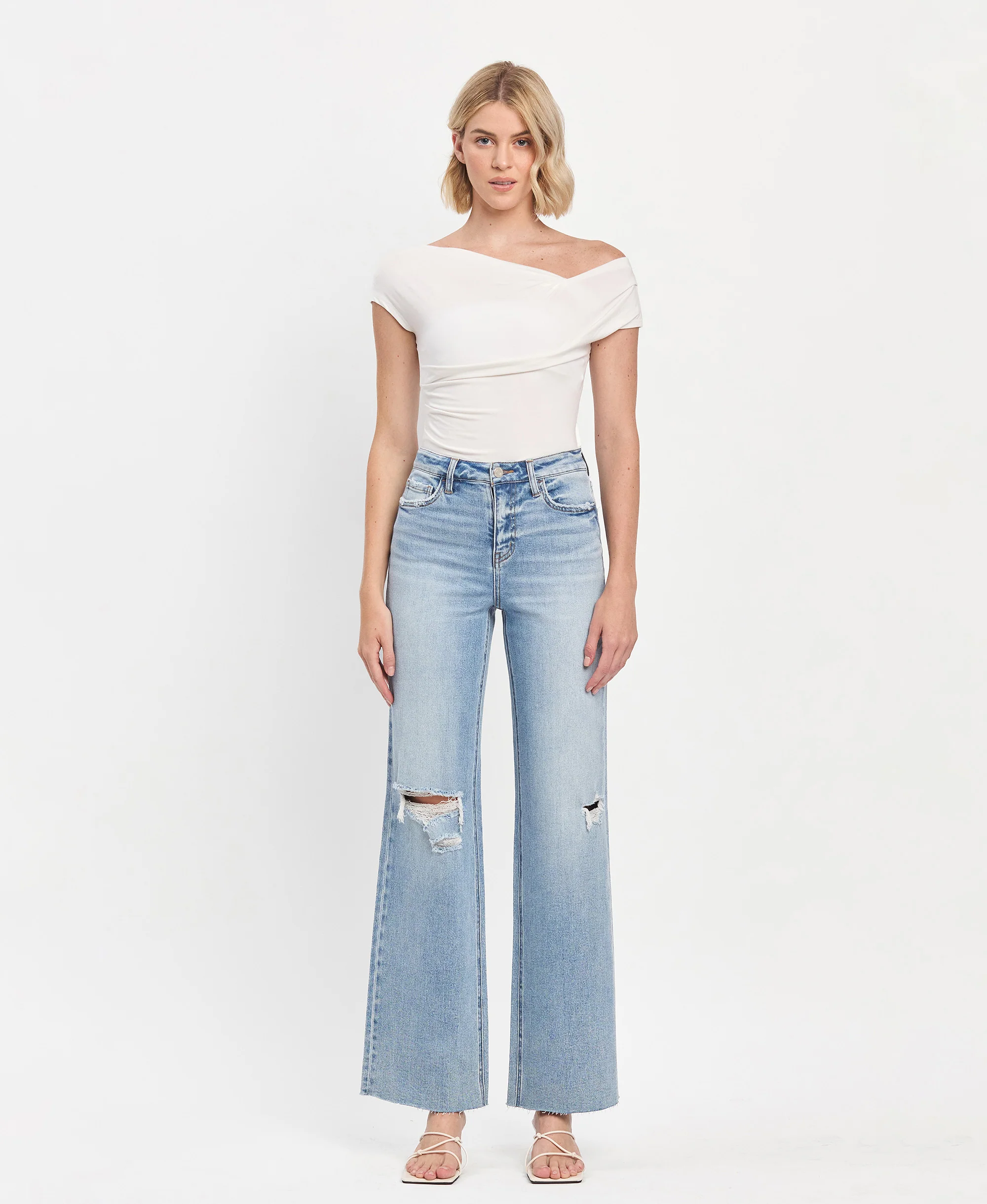 Refulgent - High Rise Clean Cut Raw Hem Wide Leg Jeans