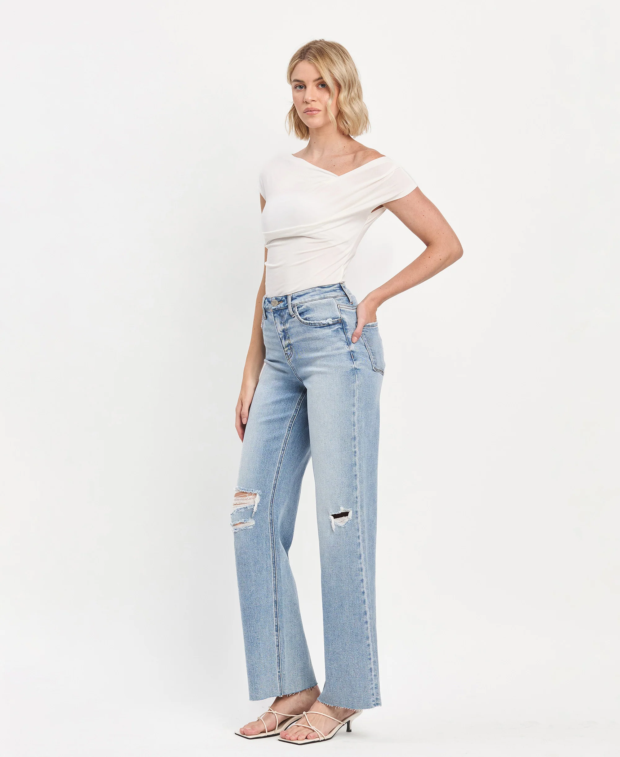 Refulgent - High Rise Clean Cut Raw Hem Wide Leg Jeans - Image 3