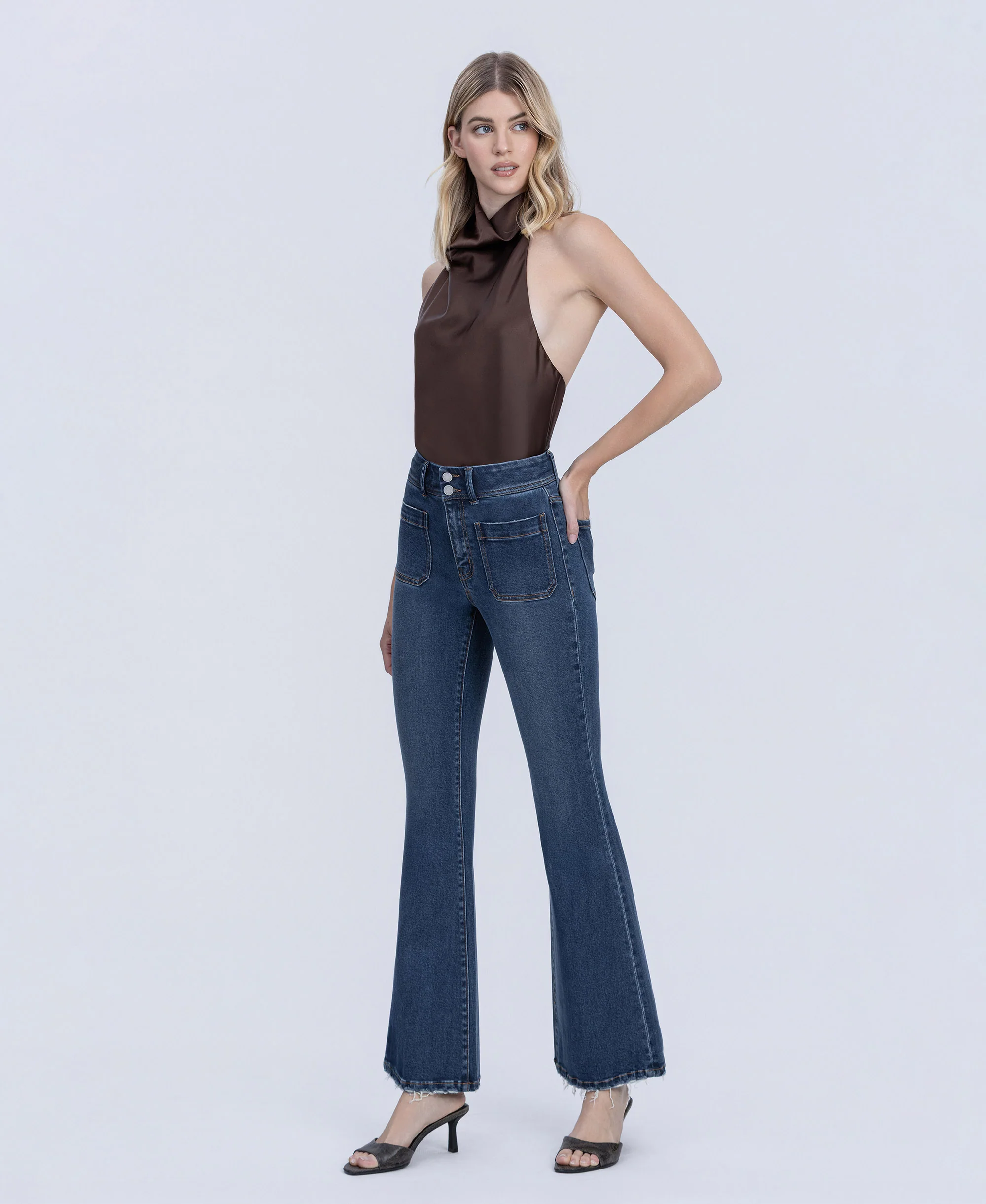 Regalia - High Rise 2 Buttons Patch Pocket Tinted Flare Jeans - Image 3