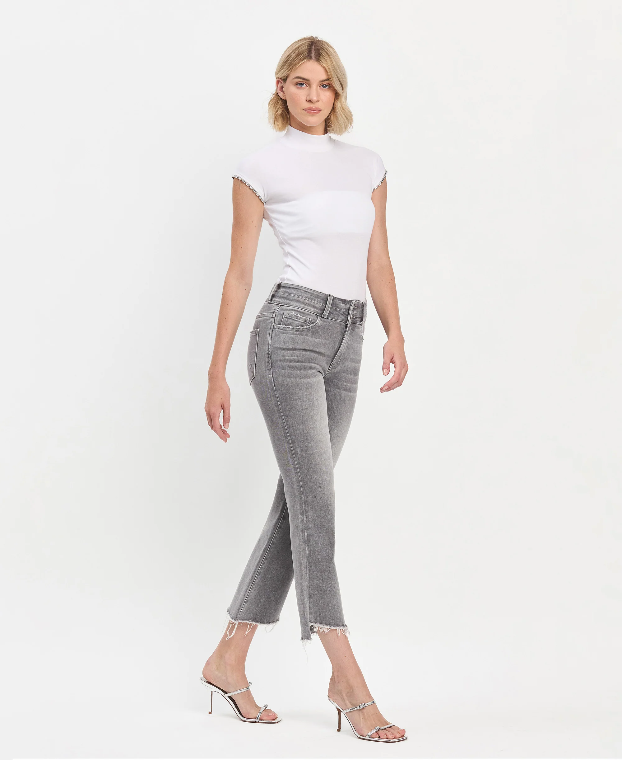 Renato - High Rise Raw Slant Hem Mini Bootcut Jeans - Image 4