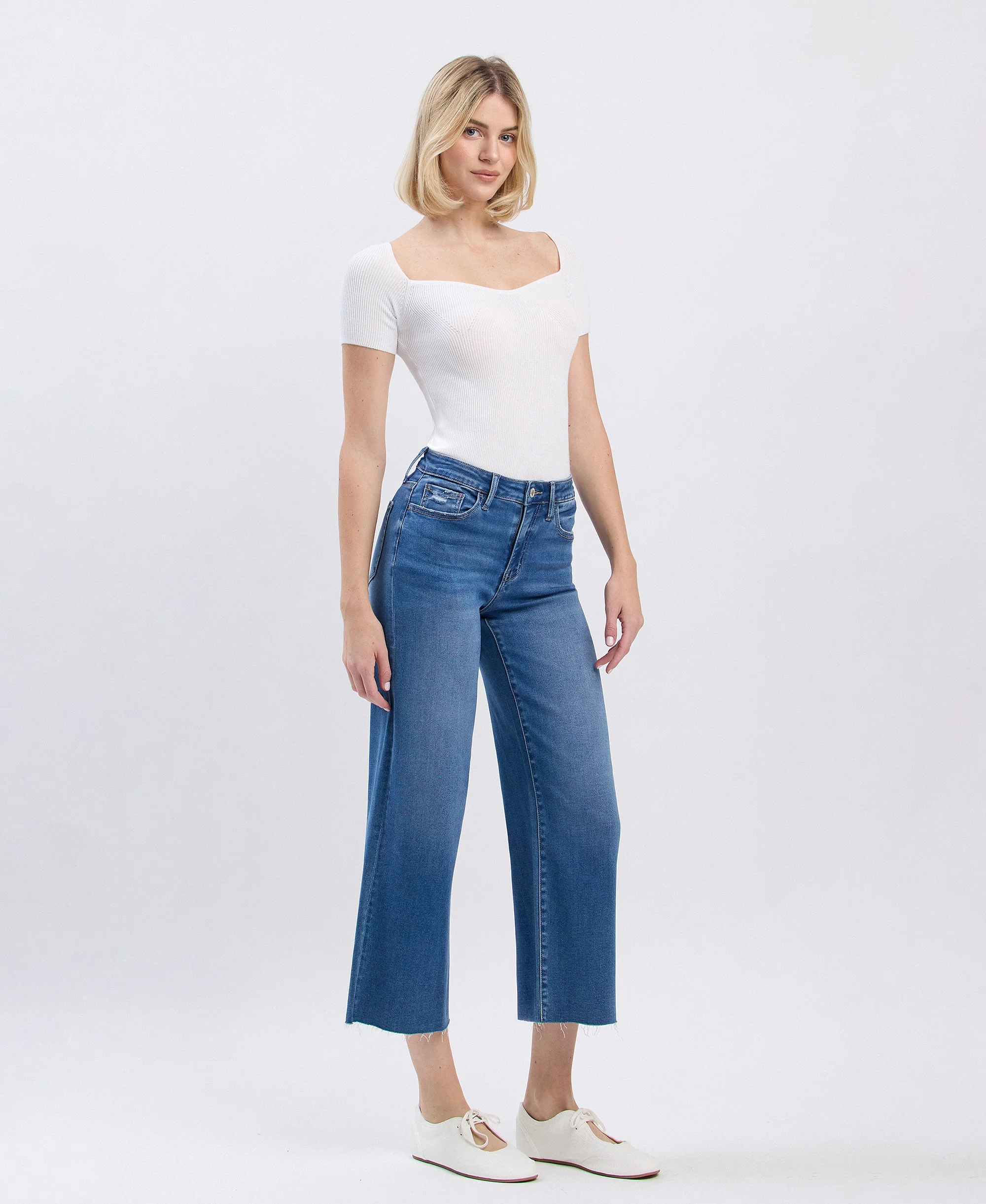 Right - High Rise Raw Hem Crop Slim Wide Leg Jeans - Image 4