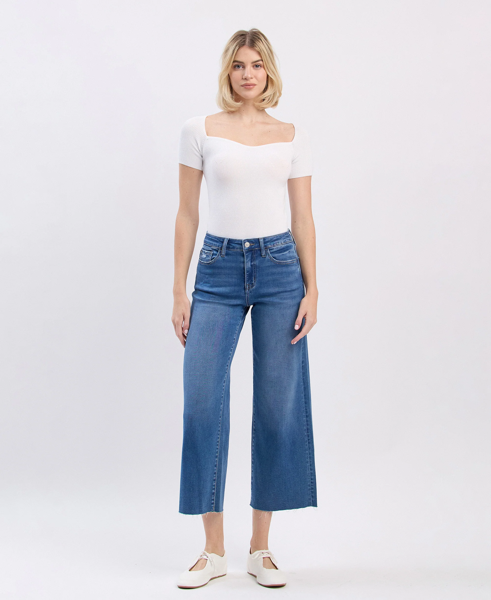 Right - High Rise Raw Hem Crop Slim Wide Leg Jeans - Image 5