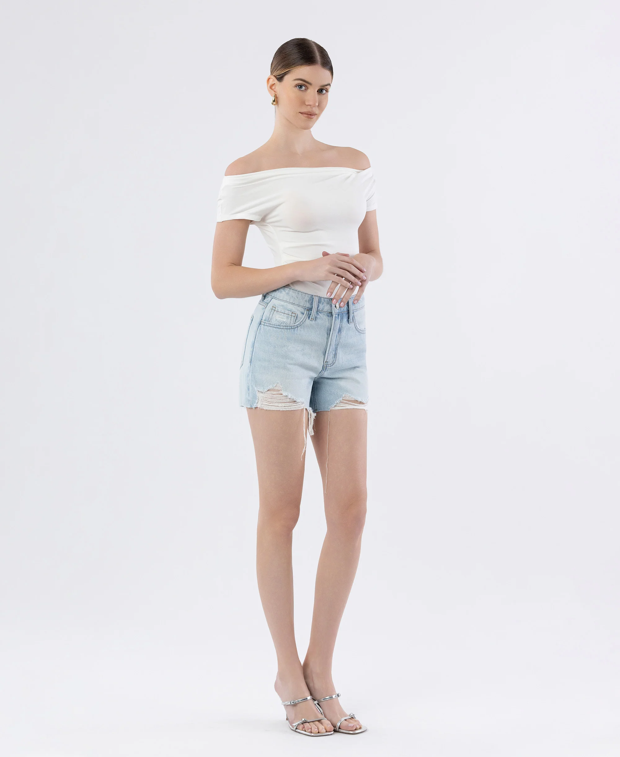 Say Hey - High Rise Distressed Raw Hem A Line Denim Shorts - Image 4
