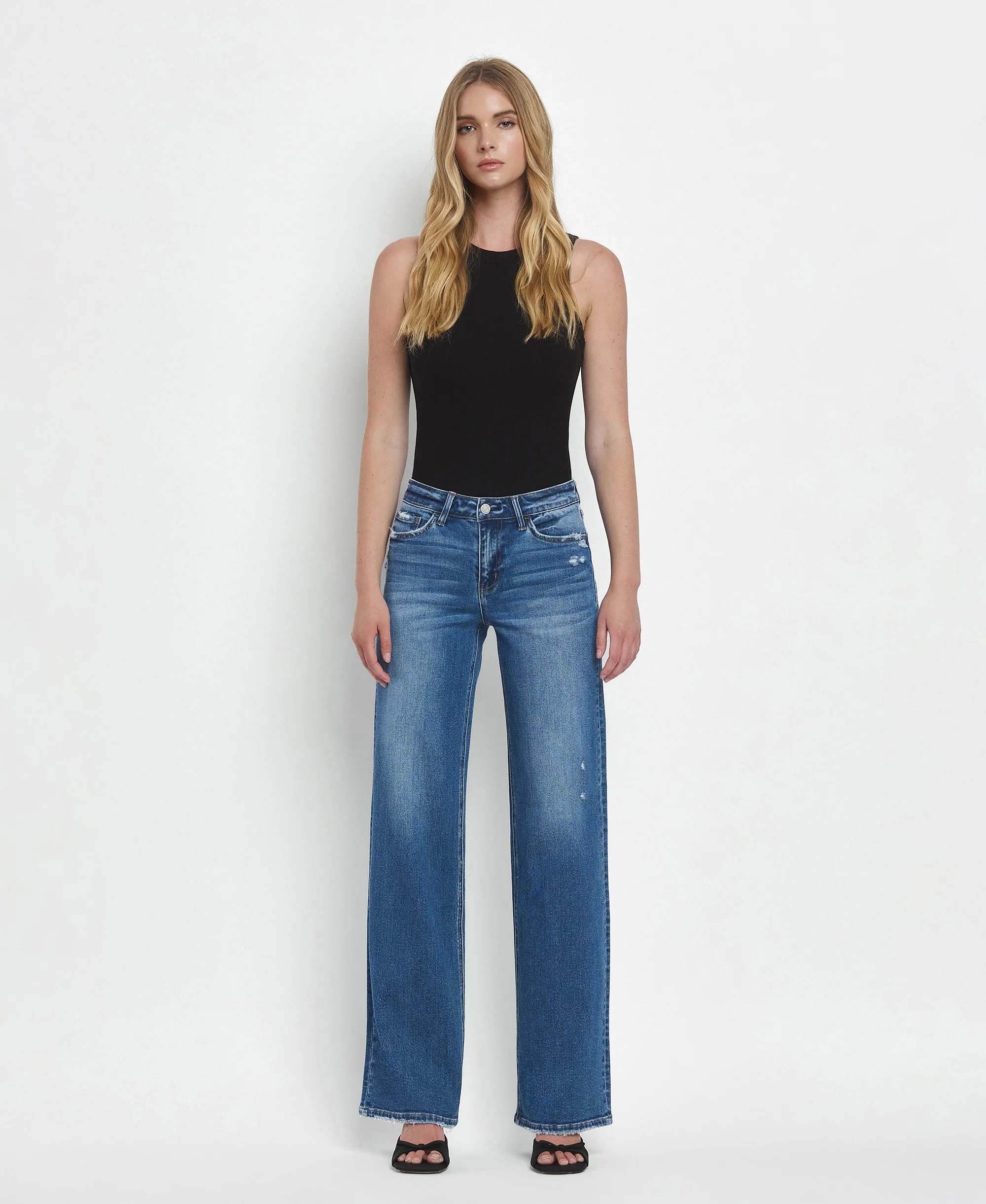 Secure - Mid Rise Full Length Wide Leg Jeans