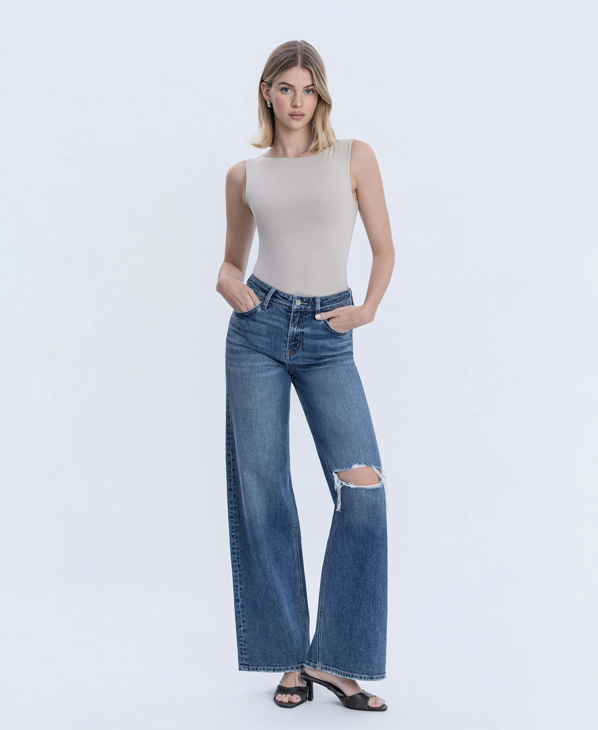 Seduction - High Rise Distressed Wide Leg Jeans