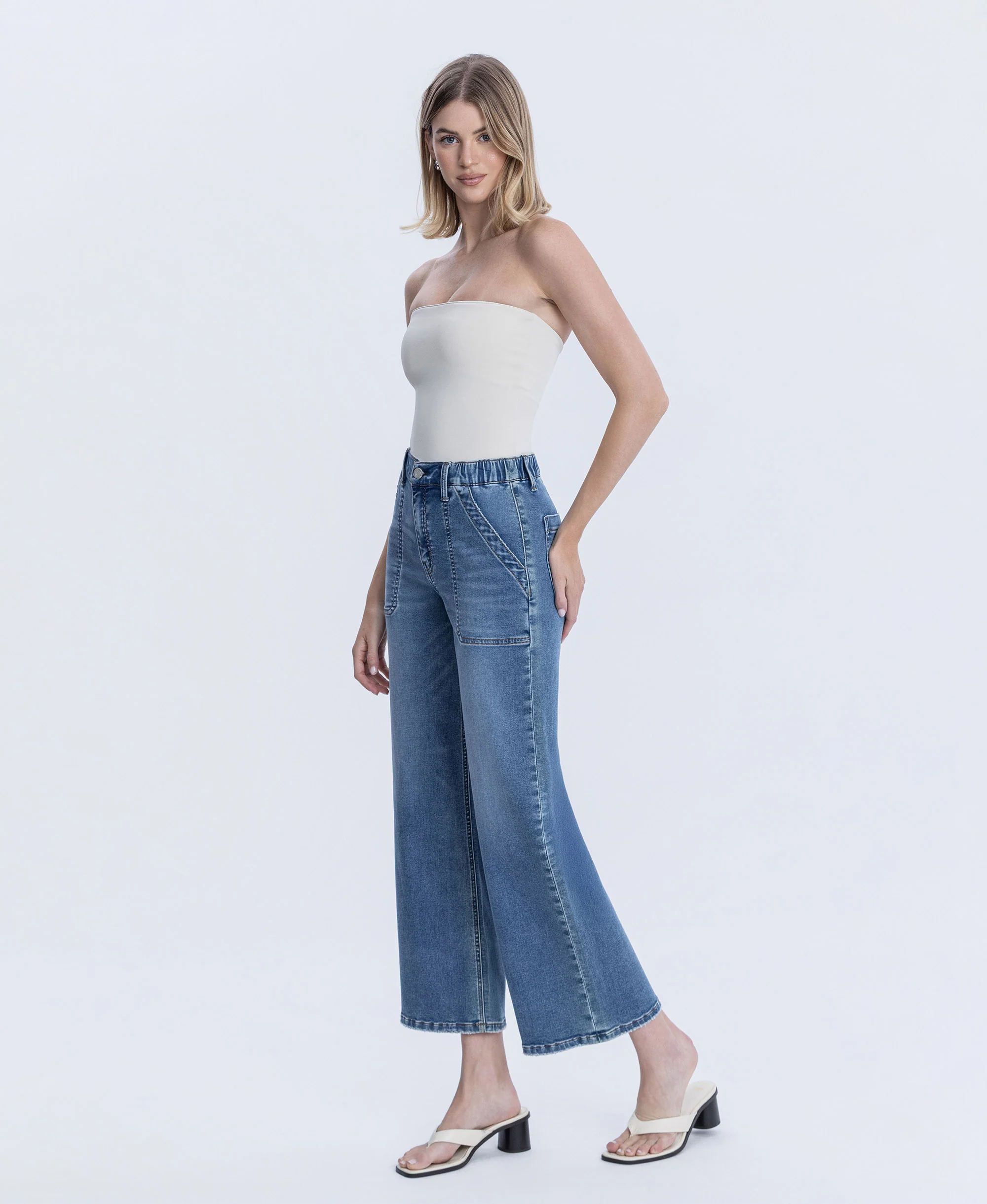 Serendipity Light - High Rise Elastic Waistband Ankle Baggy Wide Leg Jeans - Image 3